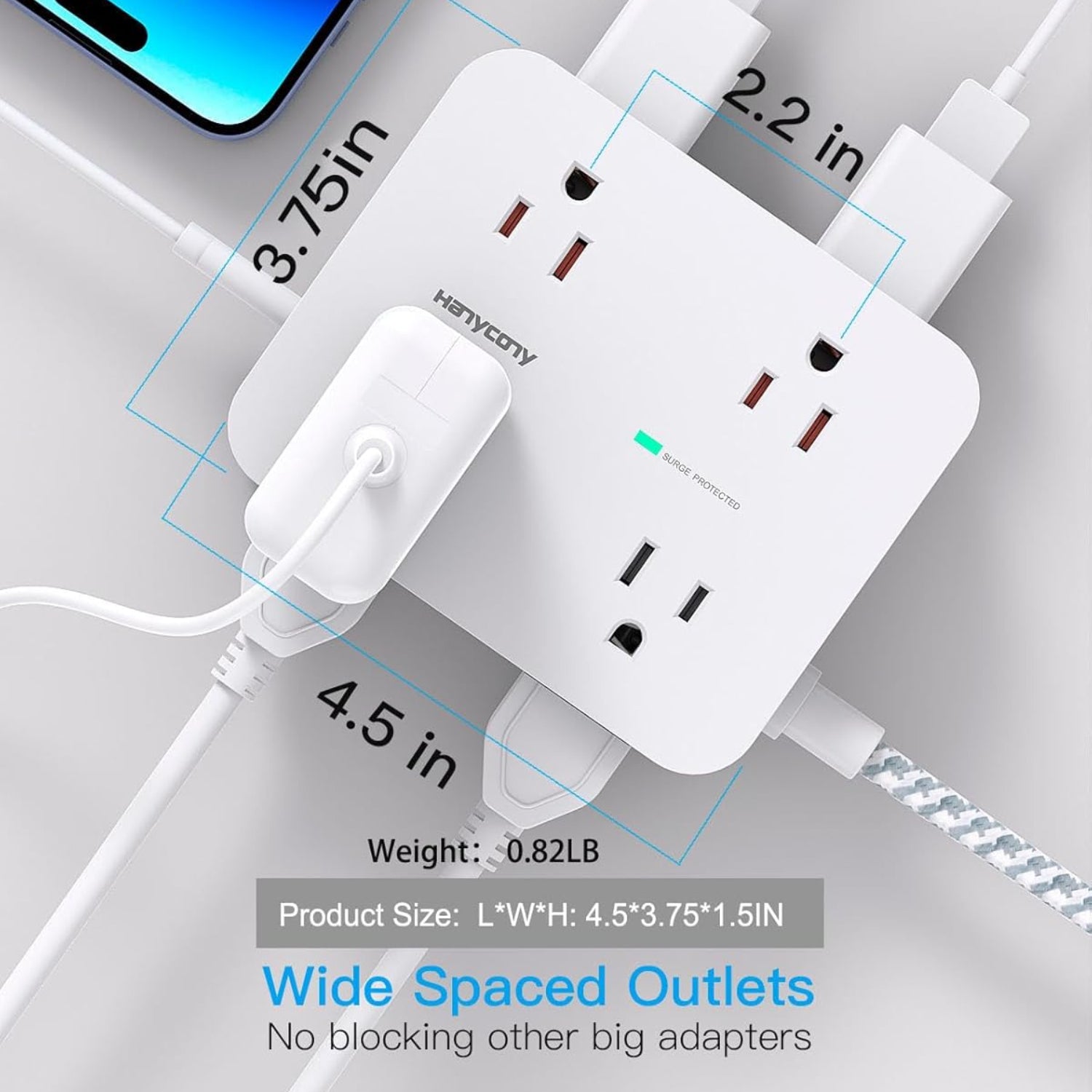 HANYCONY surge protector power strip with 8 outlets and 4 USB charging ports, including 2 USB-C ports, for versatile device charging.
