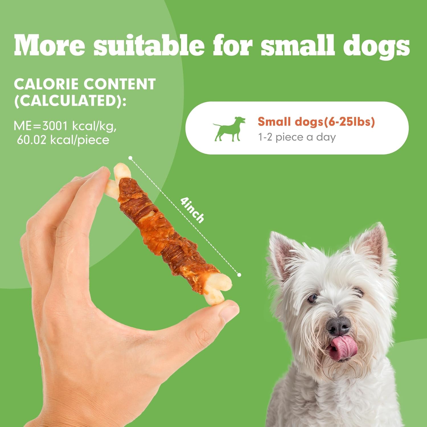 Dog treat with calorie content information and a small dog on a green background