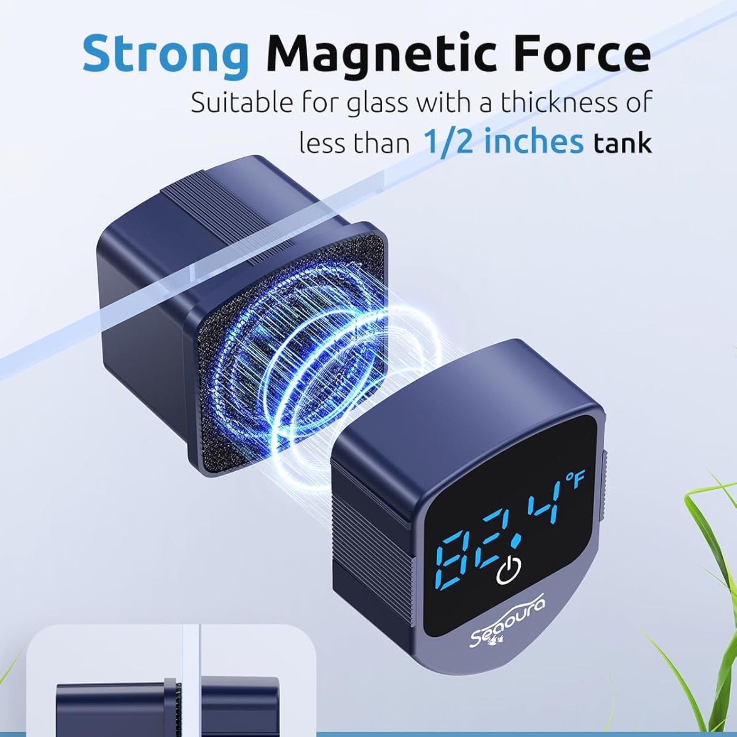 SEAOURA aquarium magnetic cleaner with built-in thermometer for fish tanks, compact mini design for easy maintenance.