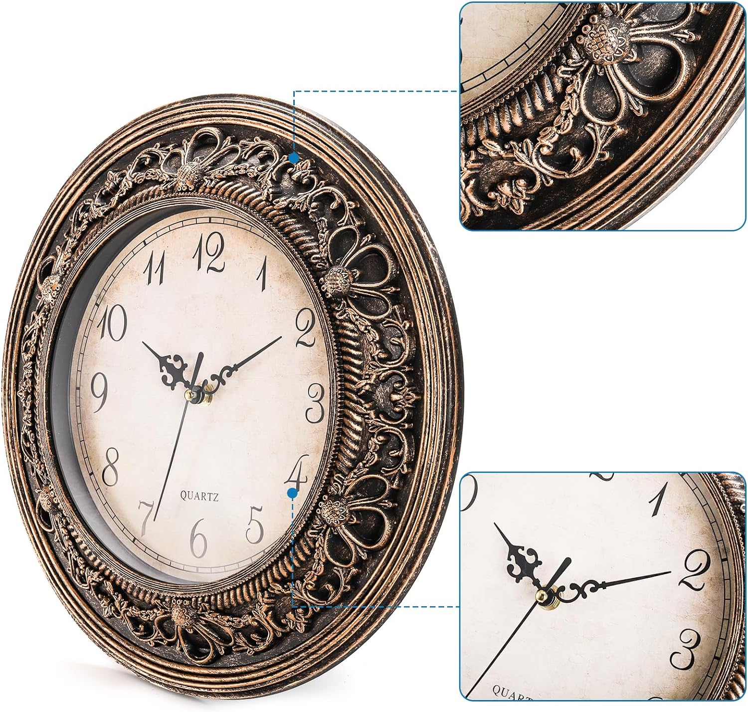 Pumtus 13-inch vintage plastic silent wall clock, round battery-operated large wall clock with a classic design.