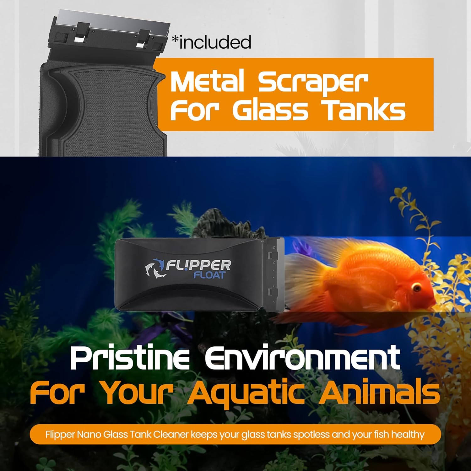 FLIPPER Float Standard Magnetic Aquarium Cleaner 2-in-1 Flip Scrubber showing the magnetic scrubber and cleaning pad in use on aquarium glass.