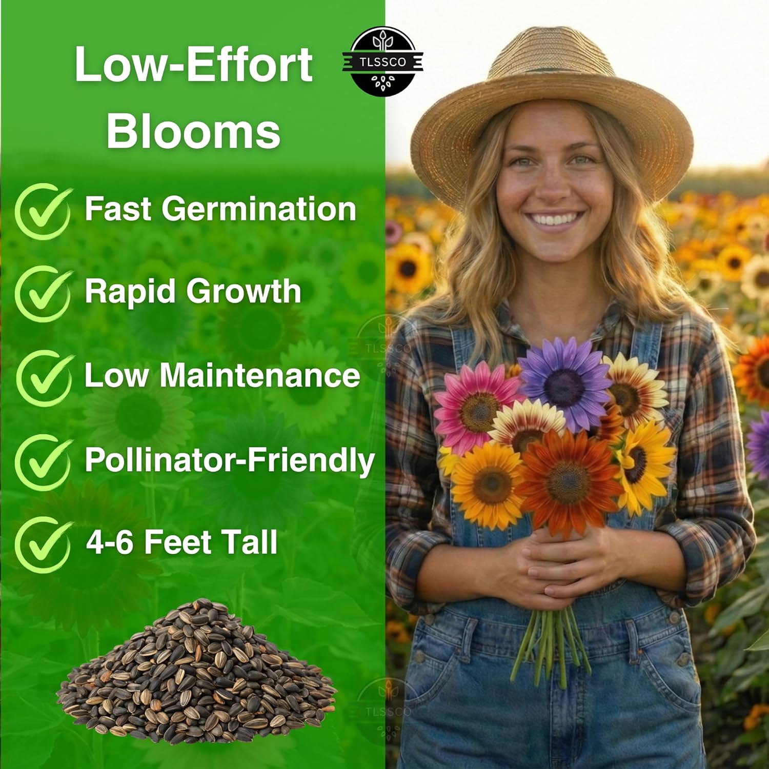 Woman holding flowers with green background and text about low-effort blooms