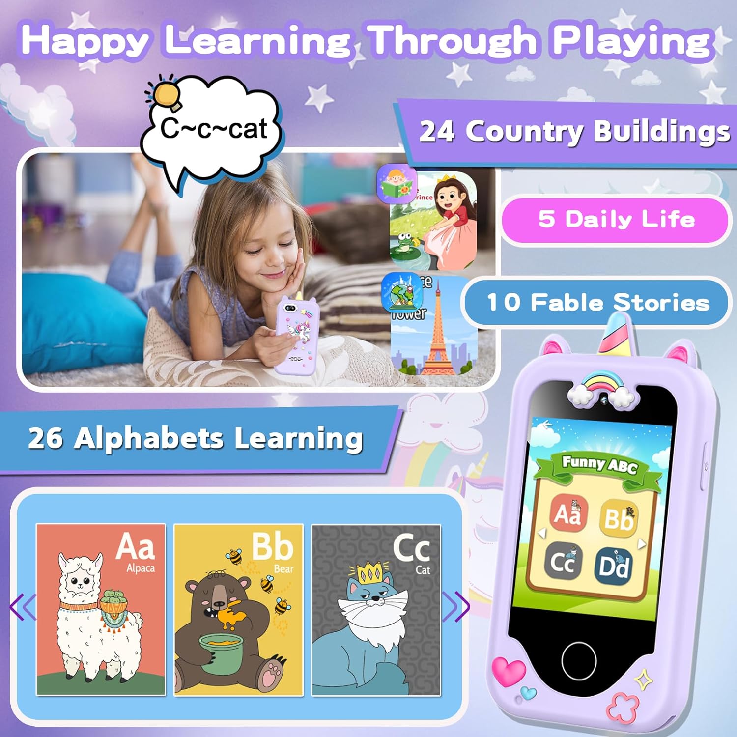 Luoba kids smart phone for girls, colorful toy cell phone with buttons and screen, suitable for children aged 3-10, Christmas gift.