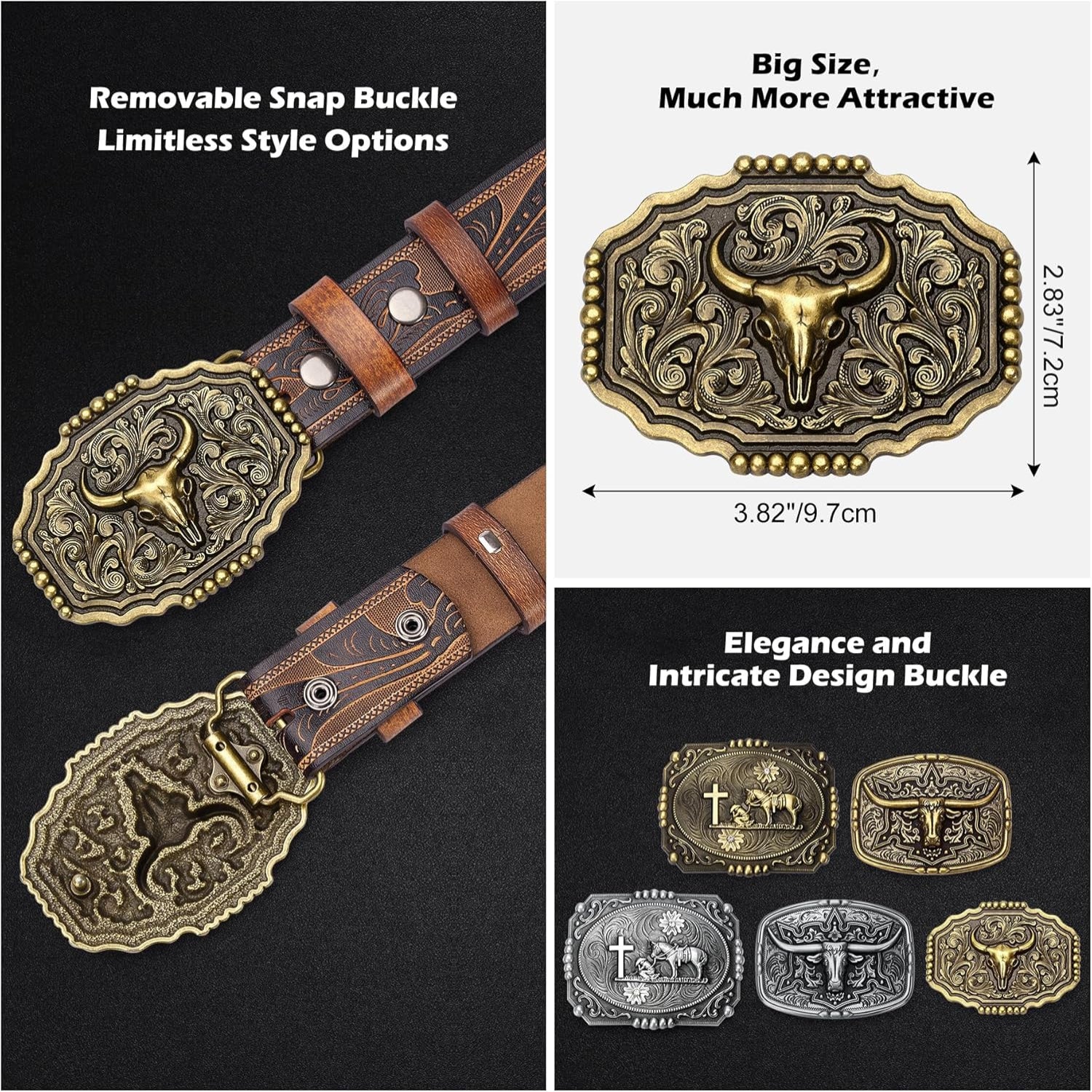 BISON DENIM men's western cowboy belt with large engraved printed buckle and denim strap, showcasing Western style and craftsmanship.