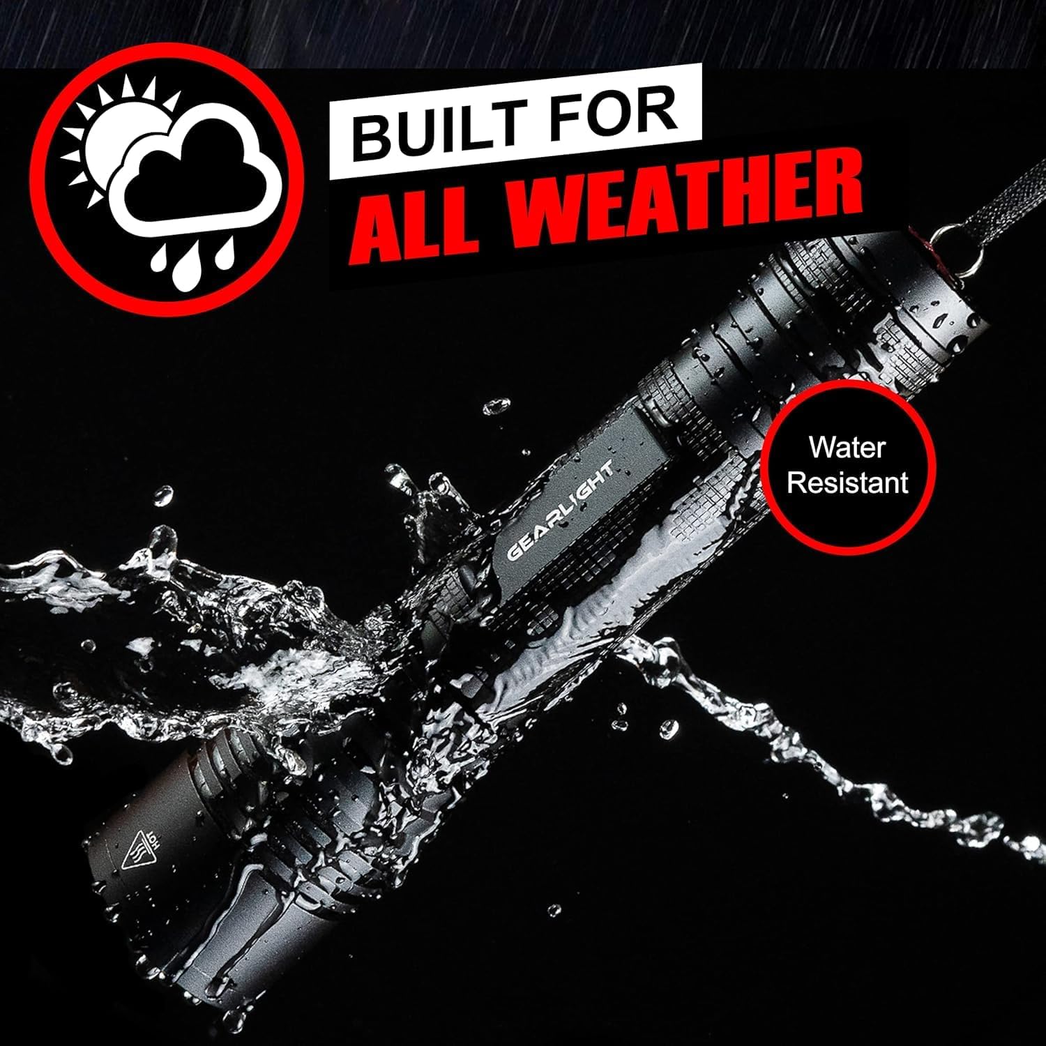 Water-resistant flashlight with 'Built for All Weather' text and 'Gearlight' branding.