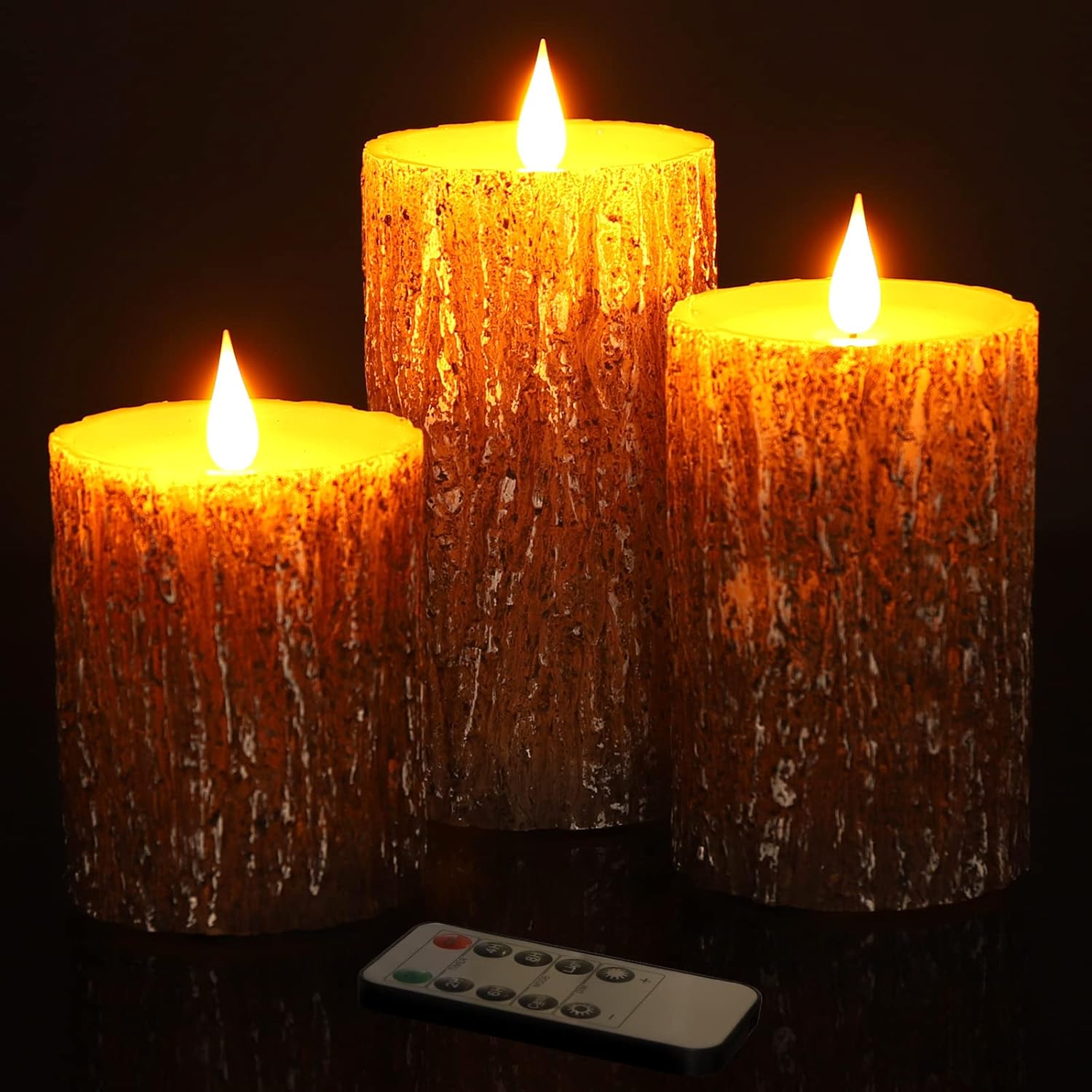 Battery-operated flameless pillar candles with pine effect, real wax finish, flickering 3D wick, LED electric lighting by Enpornk