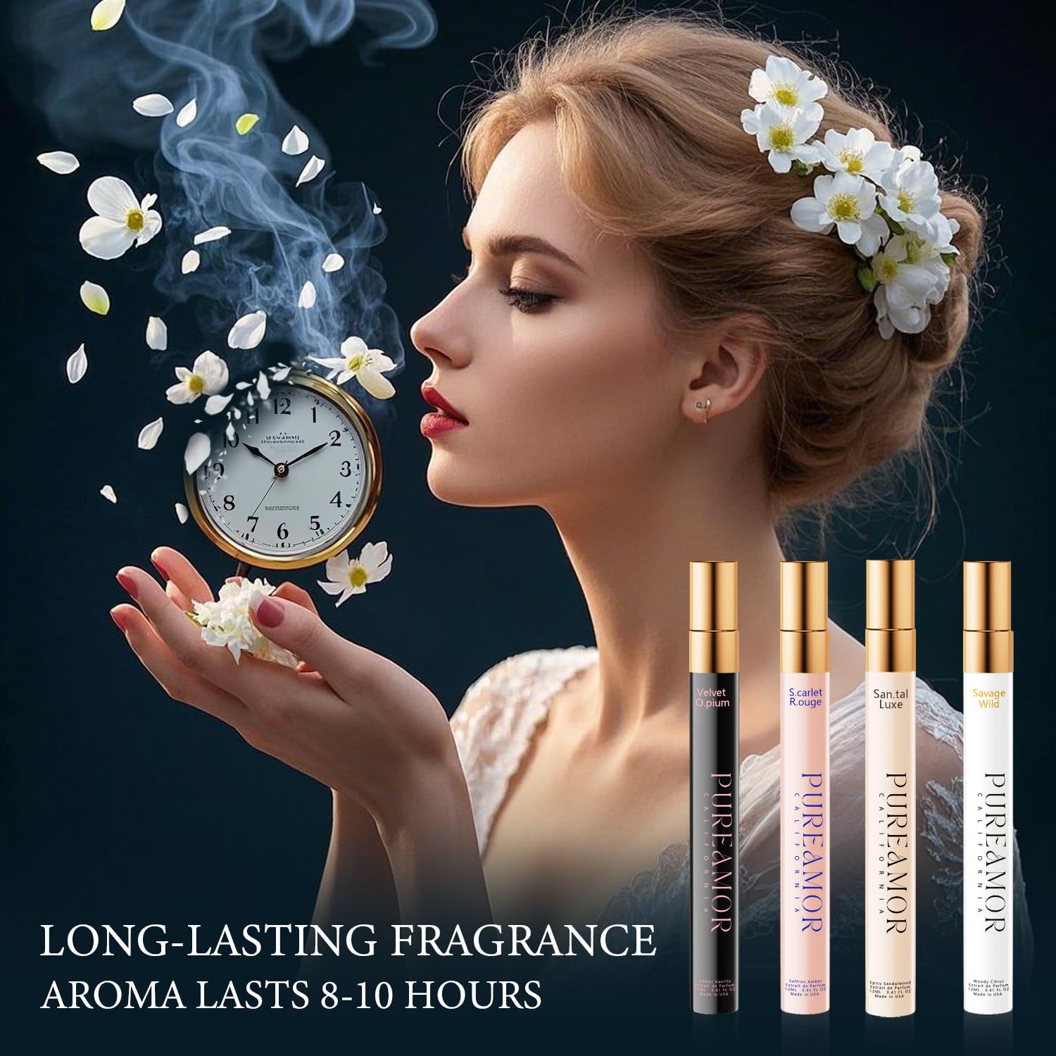 PUREAMOR pheromones perfume set for women with long-lasting skin scent and elegant fragrance, showcased in a stylish bottle.