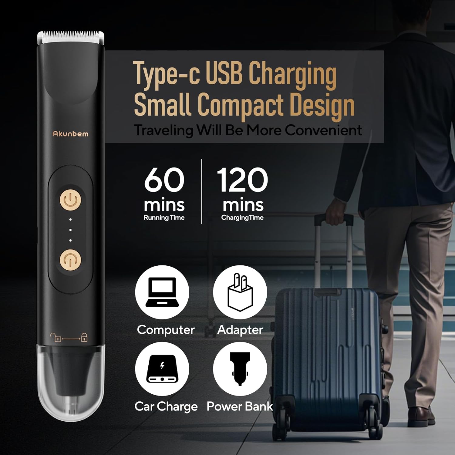 Akunbem groin and body hair trimmer for men and women, electric bikini shaver with a compact design for pubic and body hair grooming.