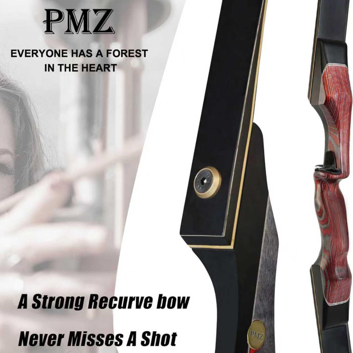 PMZ recurve bow and arrow set with wooden takedown bow, 60 inches, for outdoor practice and hunting, right-handed, 20-60 lbs.