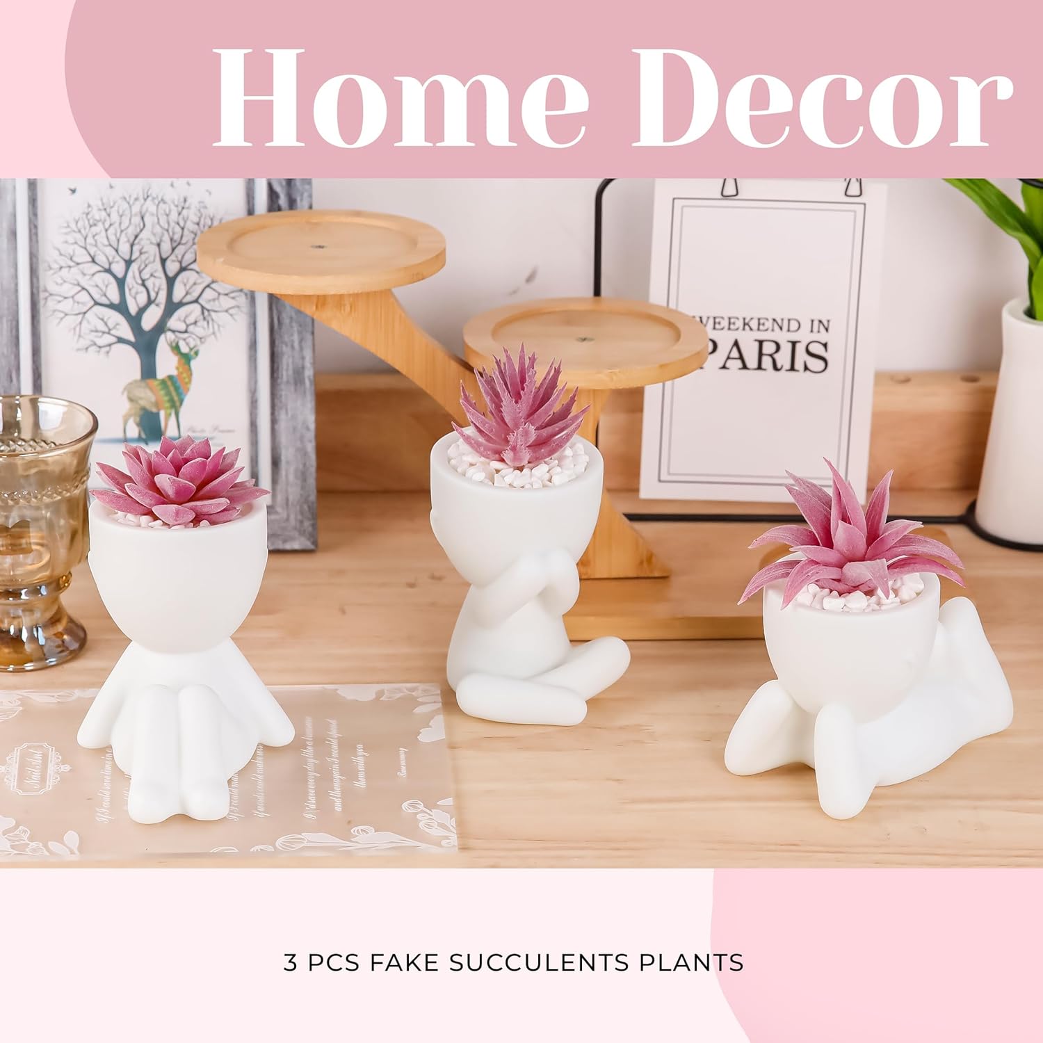Set of three Der Rose artificial pink succulent plants for room or office desk decor, realistic-looking fake succulent plants.
