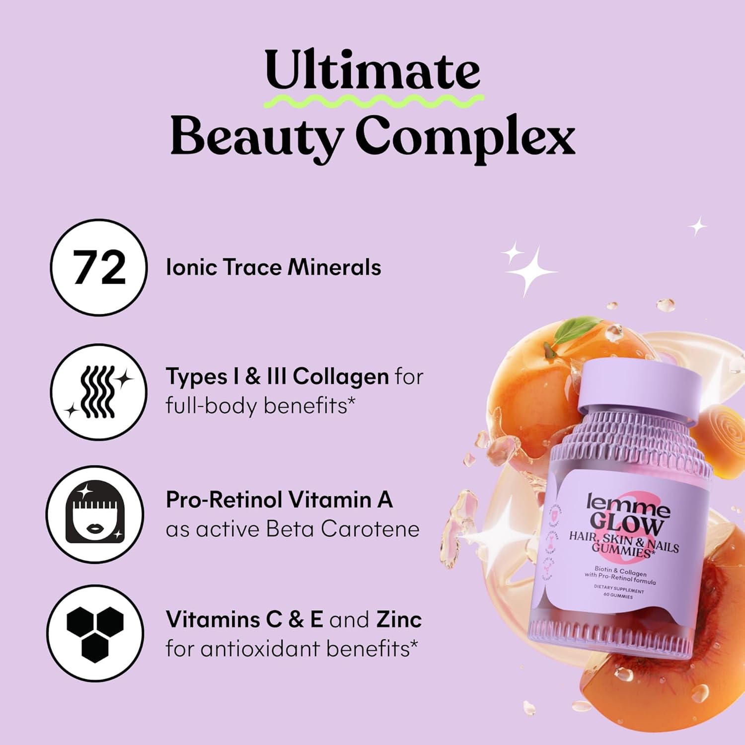 Lemme Glow Collagen Gummies for healthy skin, thick hair, and strong nails, shown in a clear container with colorful gummies inside.