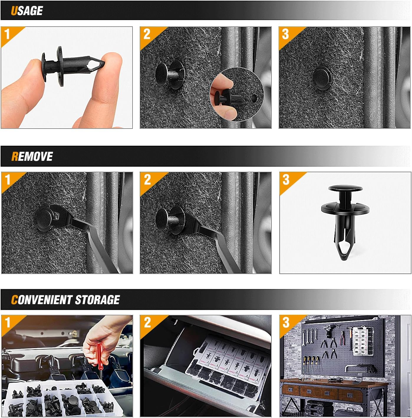 Set of GOOACC 240 bumper retainer clips and plastic rivets for car fasteners, displayed in an organized plastic storage box.