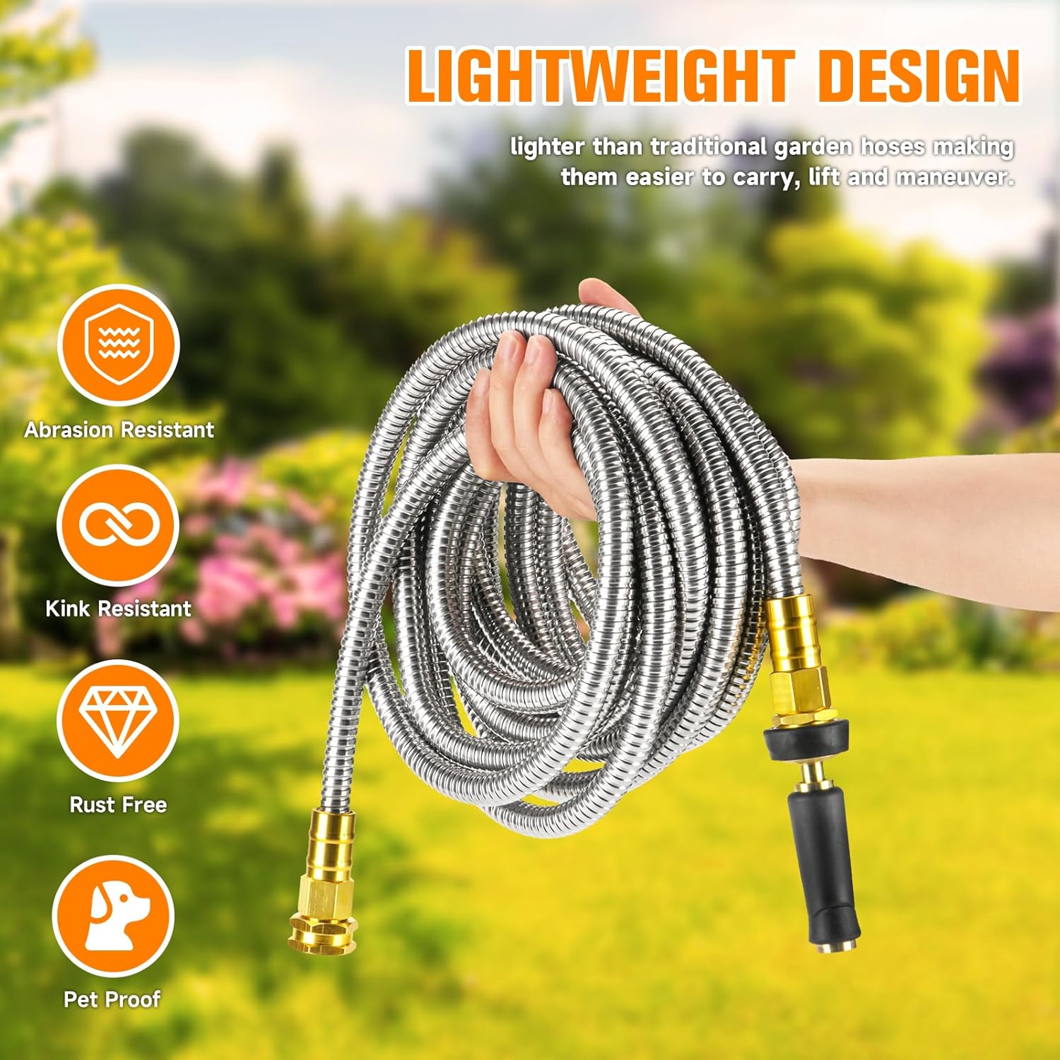 Rosy Earth 100 ft expandable garden hose with stainless steel exterior, flexible, kink-free, heavy-duty water hose for outdoor watering