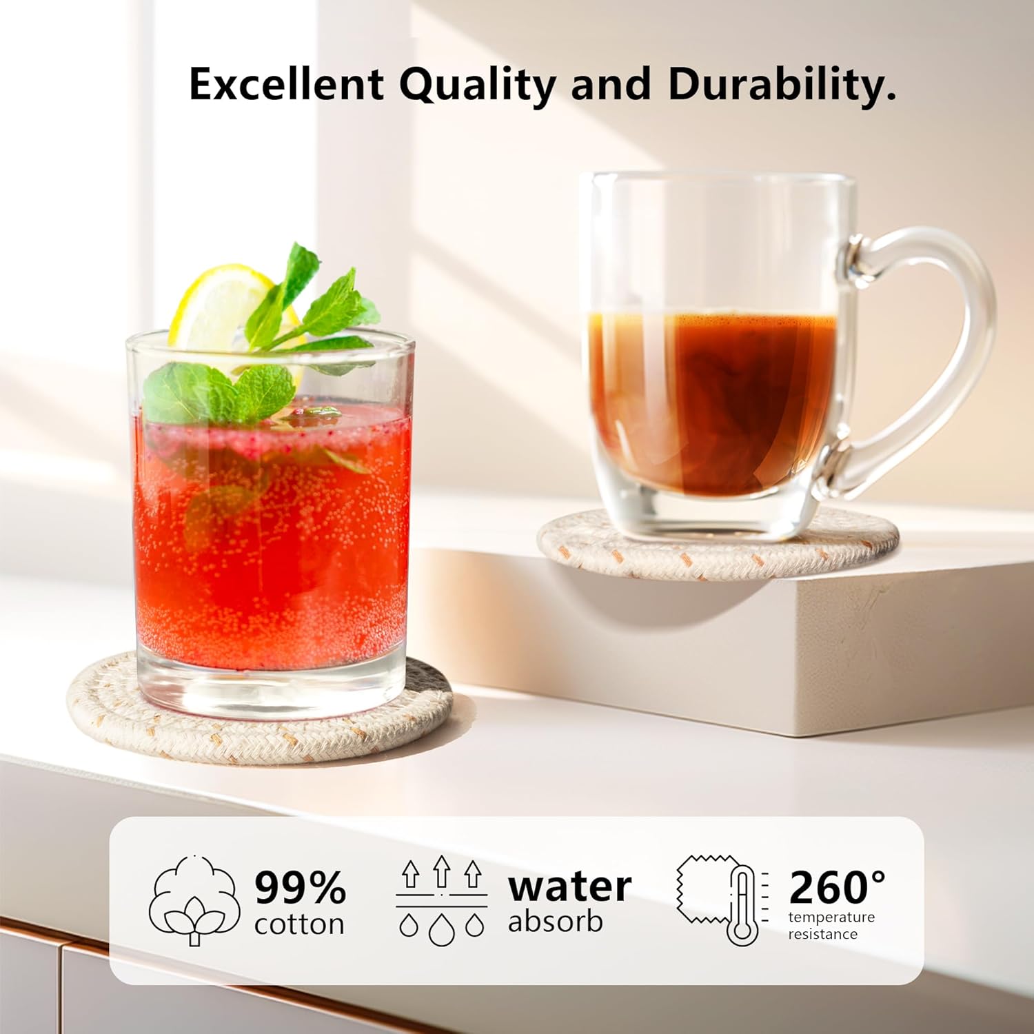 Set of 8 Lazebox cotton woven drink coasters in four colors, absorbent and ideal for coffee, beer, and other beverages.