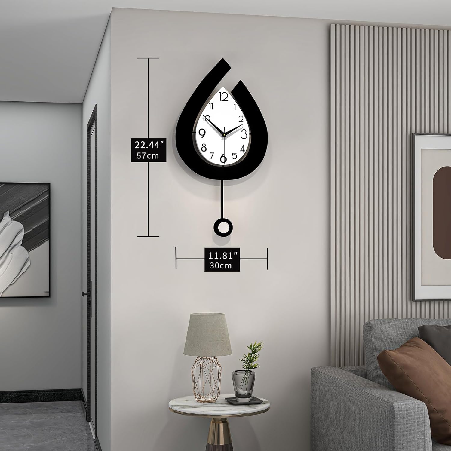 Large modern YIJIDECOR wall clock with pendulum, decorative living room wall decor, featuring sleek design and bold clock face.