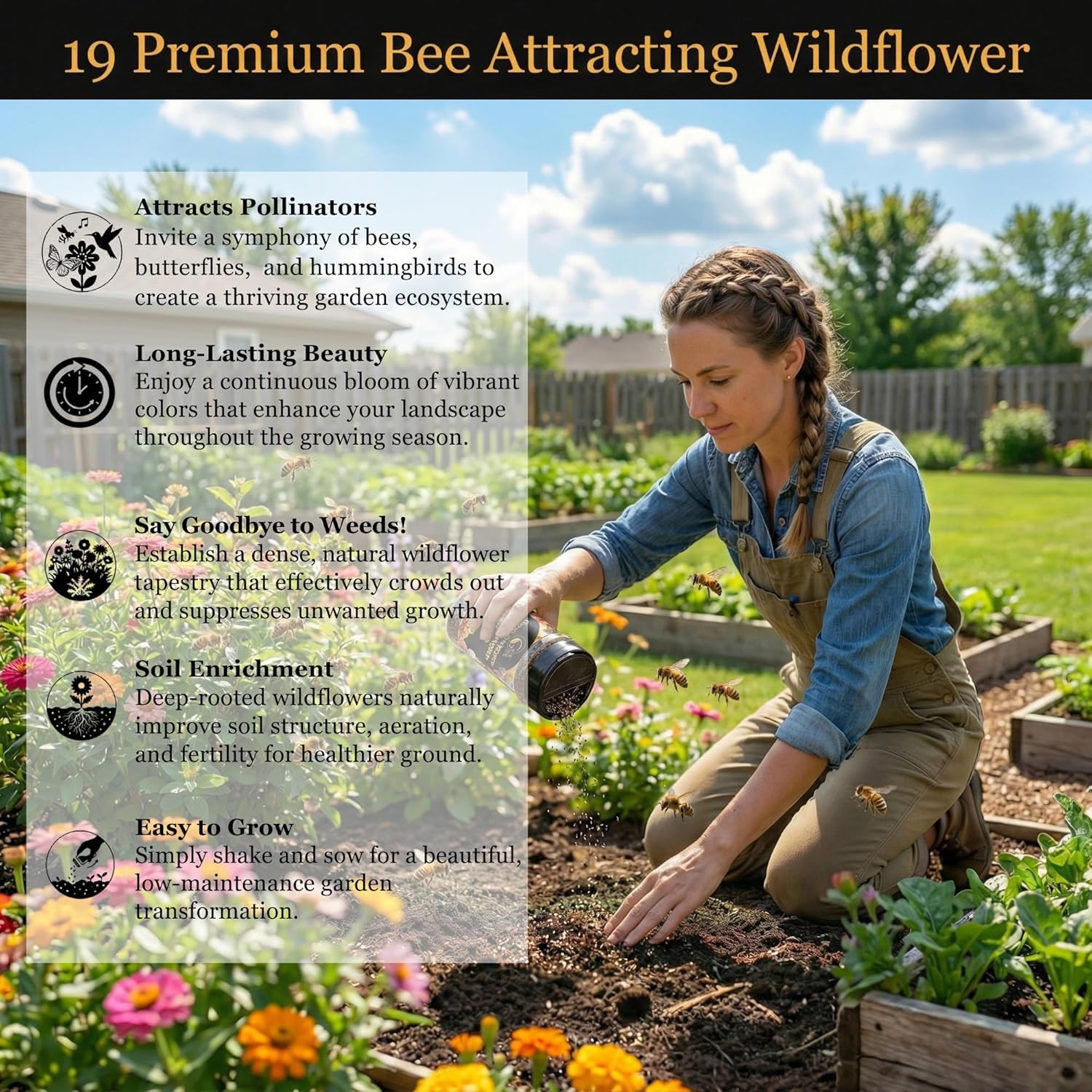 Woman planting wildflowers with text about bee-attracting wildflower benefits.