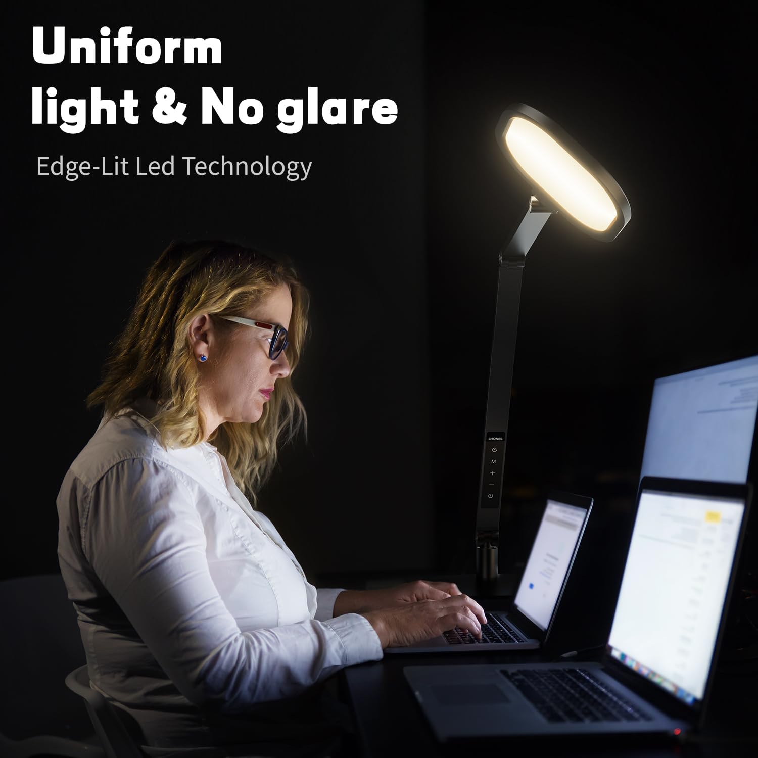 LitONES LED desk lamp for home office with soft diffused light and dimmable feature, eye-care design and adjustable brightness.