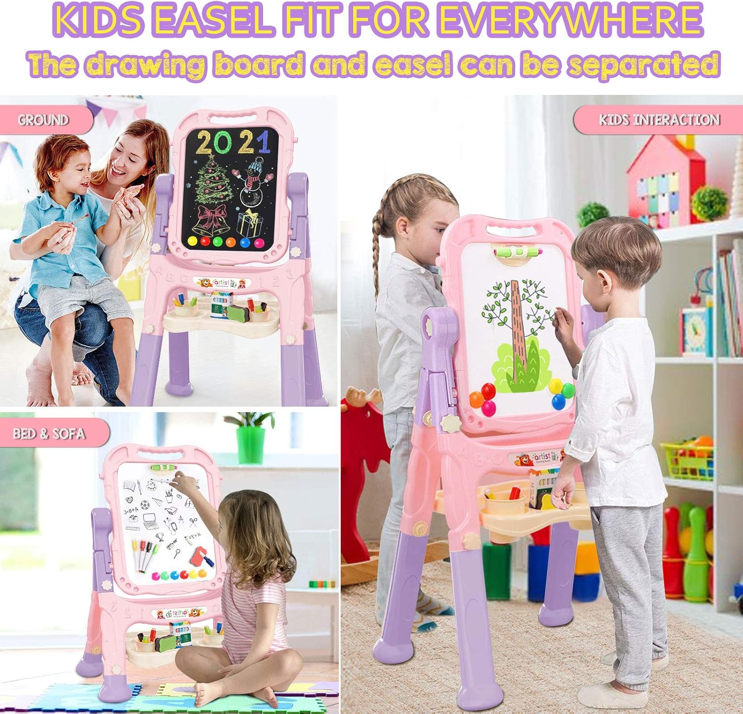 Art Easel for Kids, Adjustable Standing Rotatable Double Sided Easel with Painting