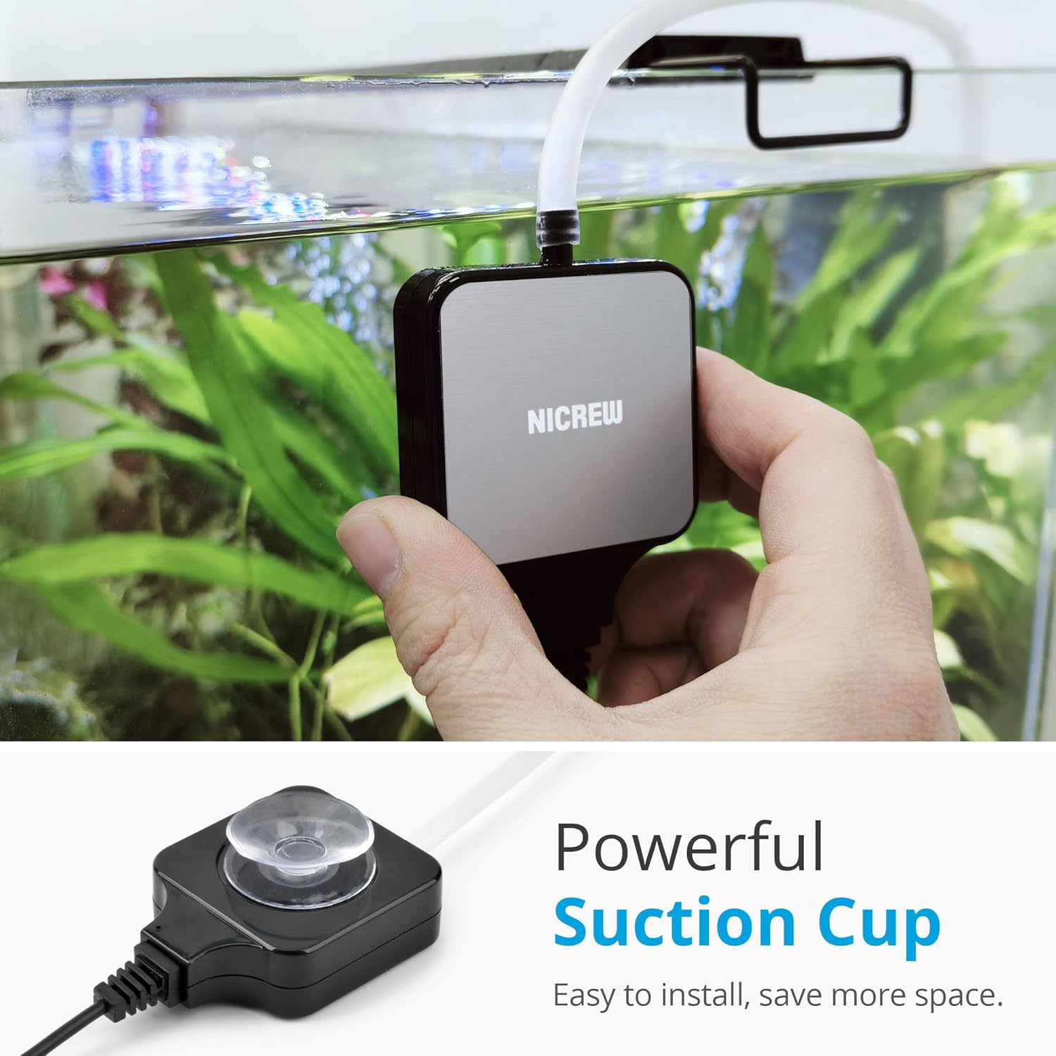NICREW Nano Silent Aquarium Air Pump in black, compact aquarium aerator with sleek design and visible air outlet ports.