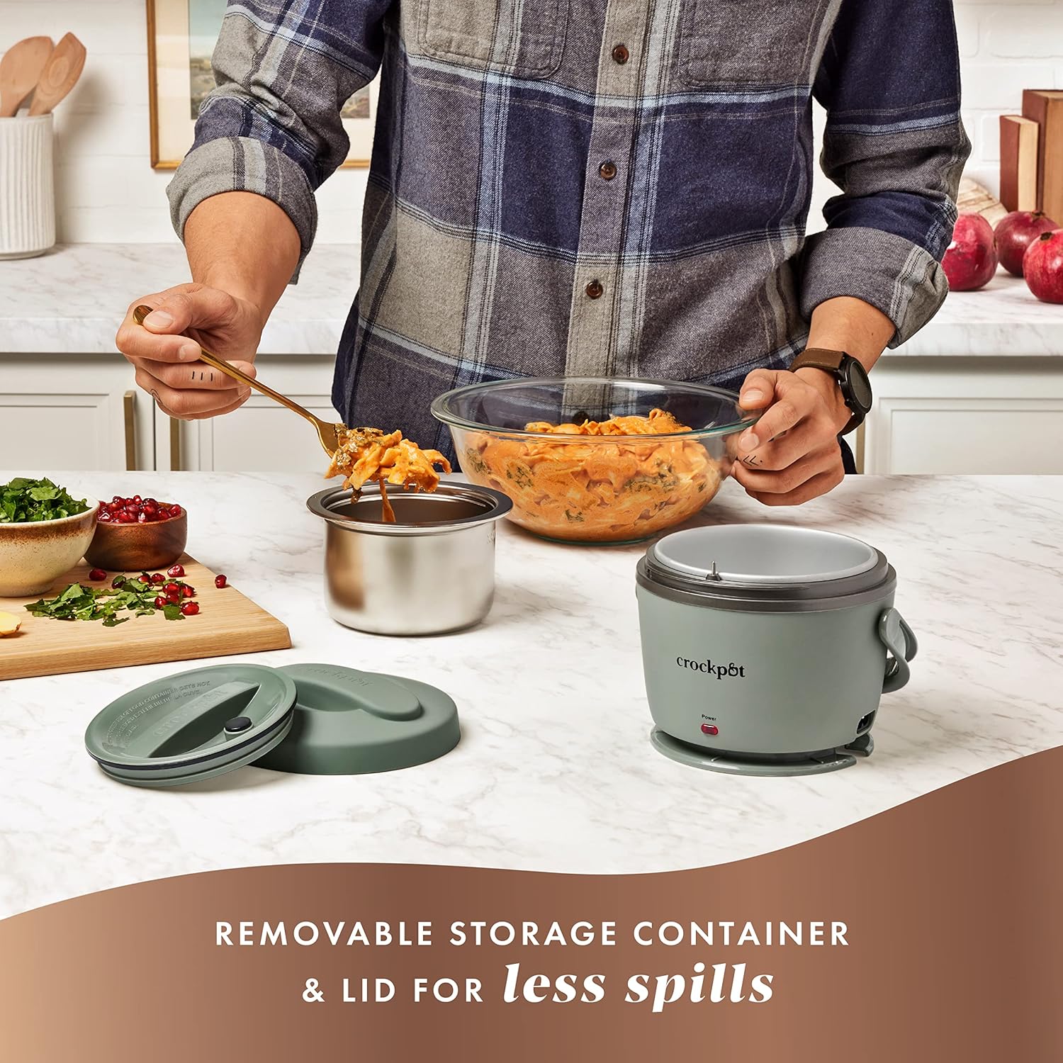 Crock-Pot portable electric lunch box in moonshine green, 20-ounce food warmer with handle and compact design for on-the-go meals.