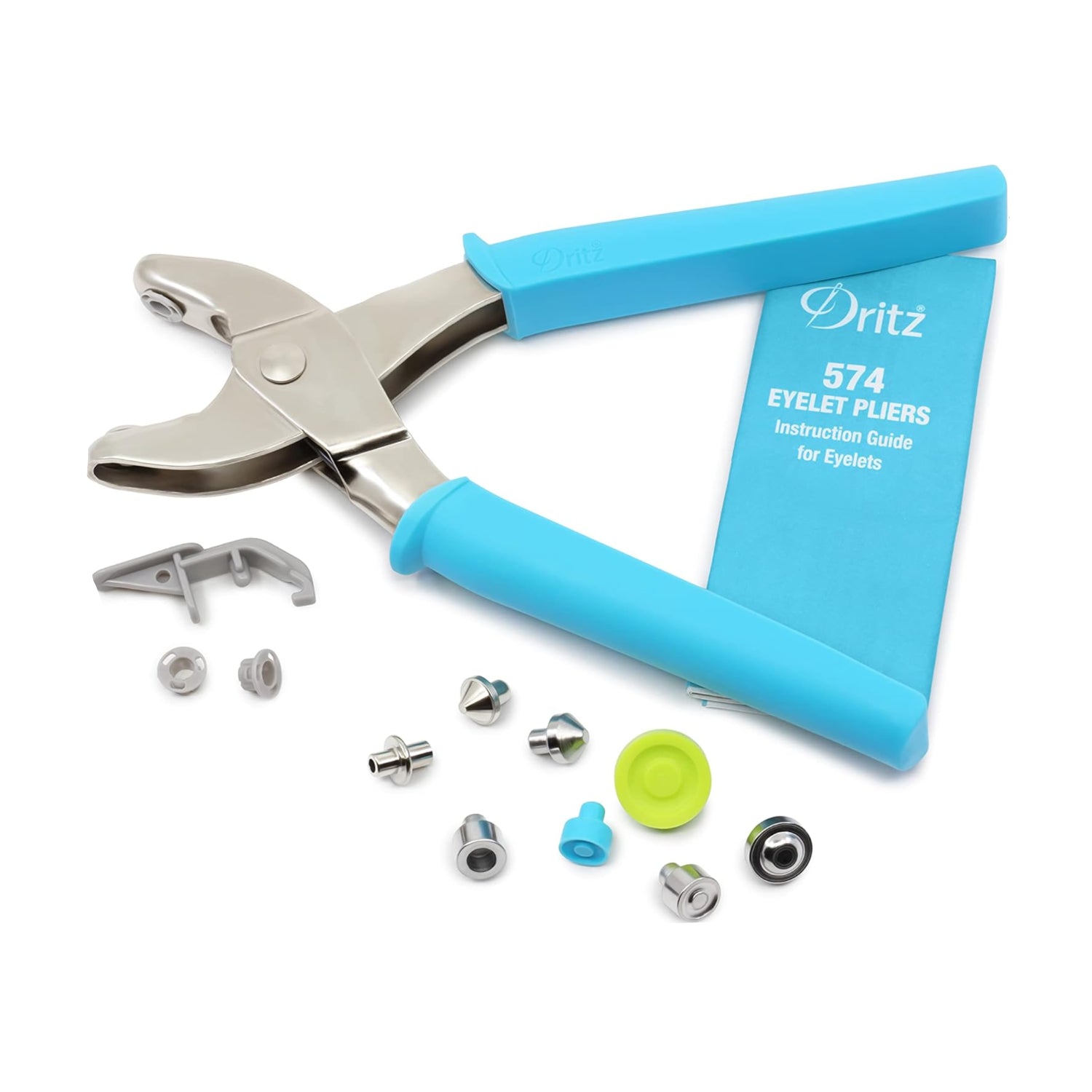 Eyelet pliers with blue handles and accessories on a white background