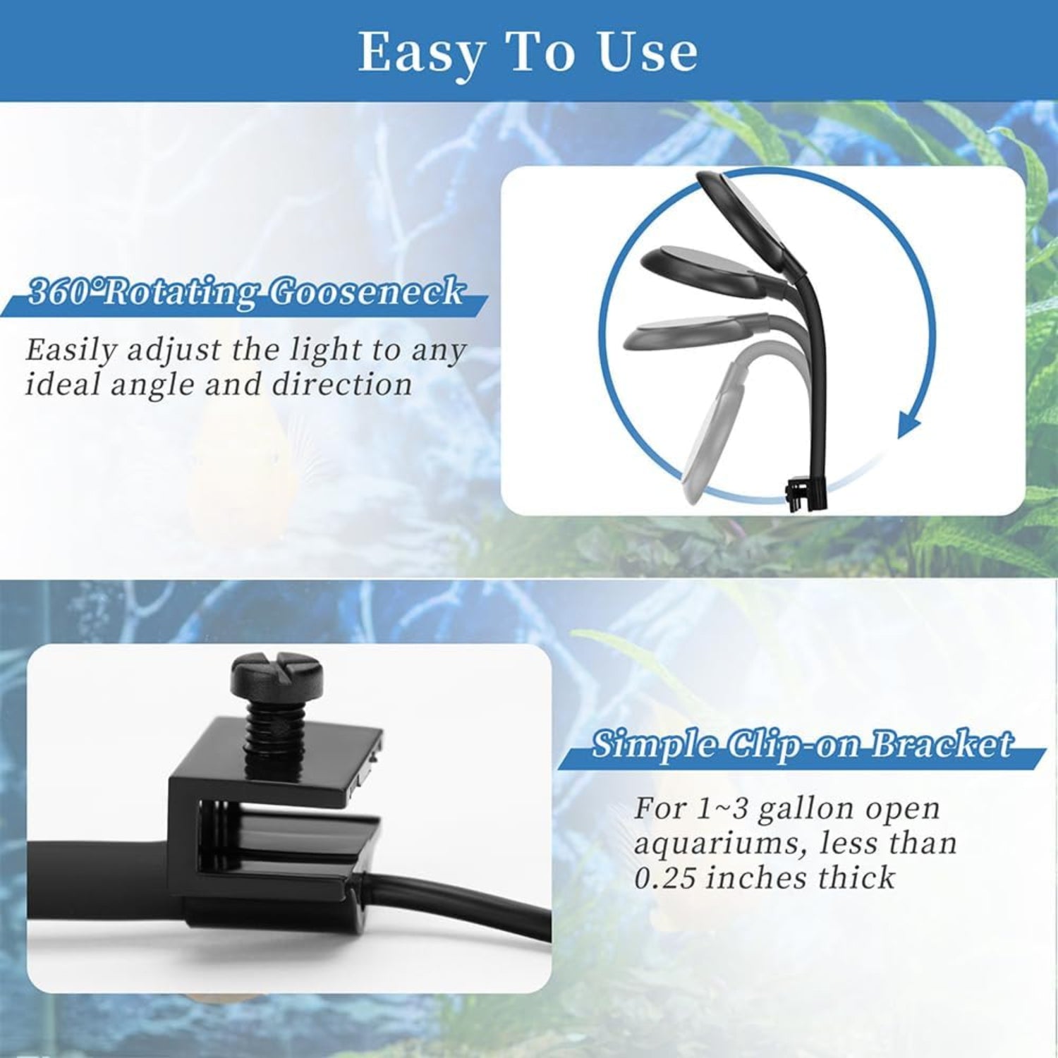DaToo mini clip-on aquarium light, 7W dimmable fish tank LED with USB connection, suitable for small aquariums.