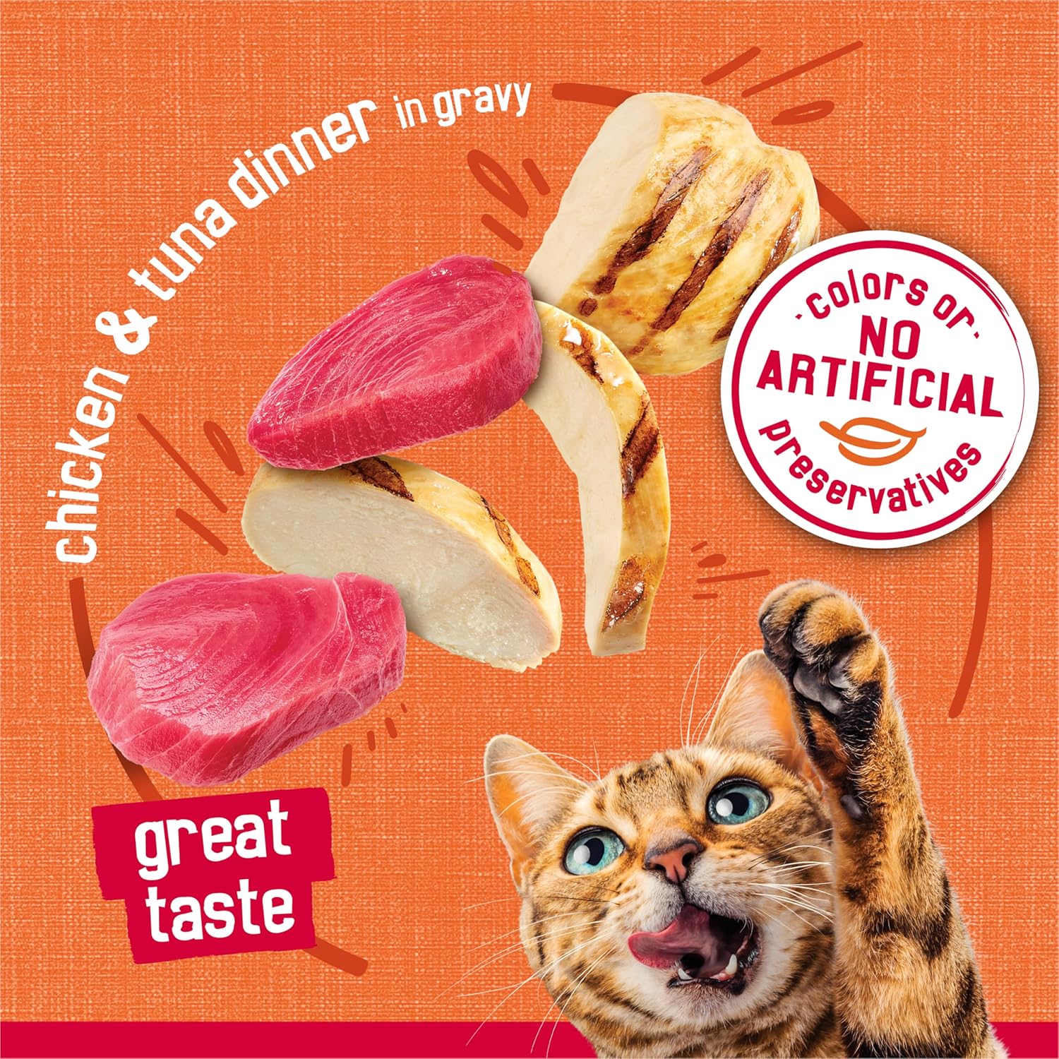 Canned Friskies Prime Filets chicken and tuna dinner in gravy for cats, showing the wet cat food with chunks of meat in sauce