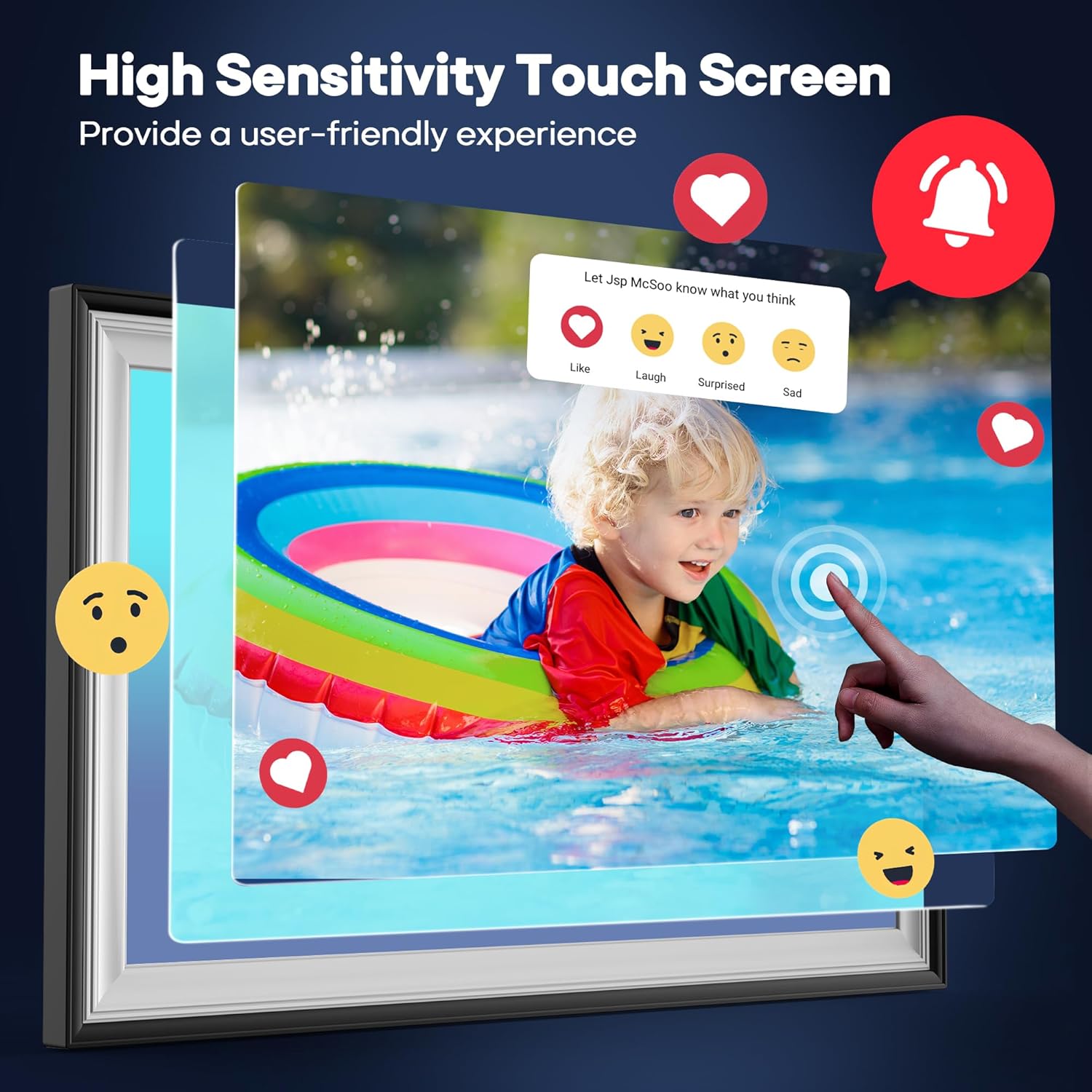BIGASUO 15.6-inch Digital Picture Frame Frameo with WiFi, showing a colorful family photo on the electronic photo frame display.