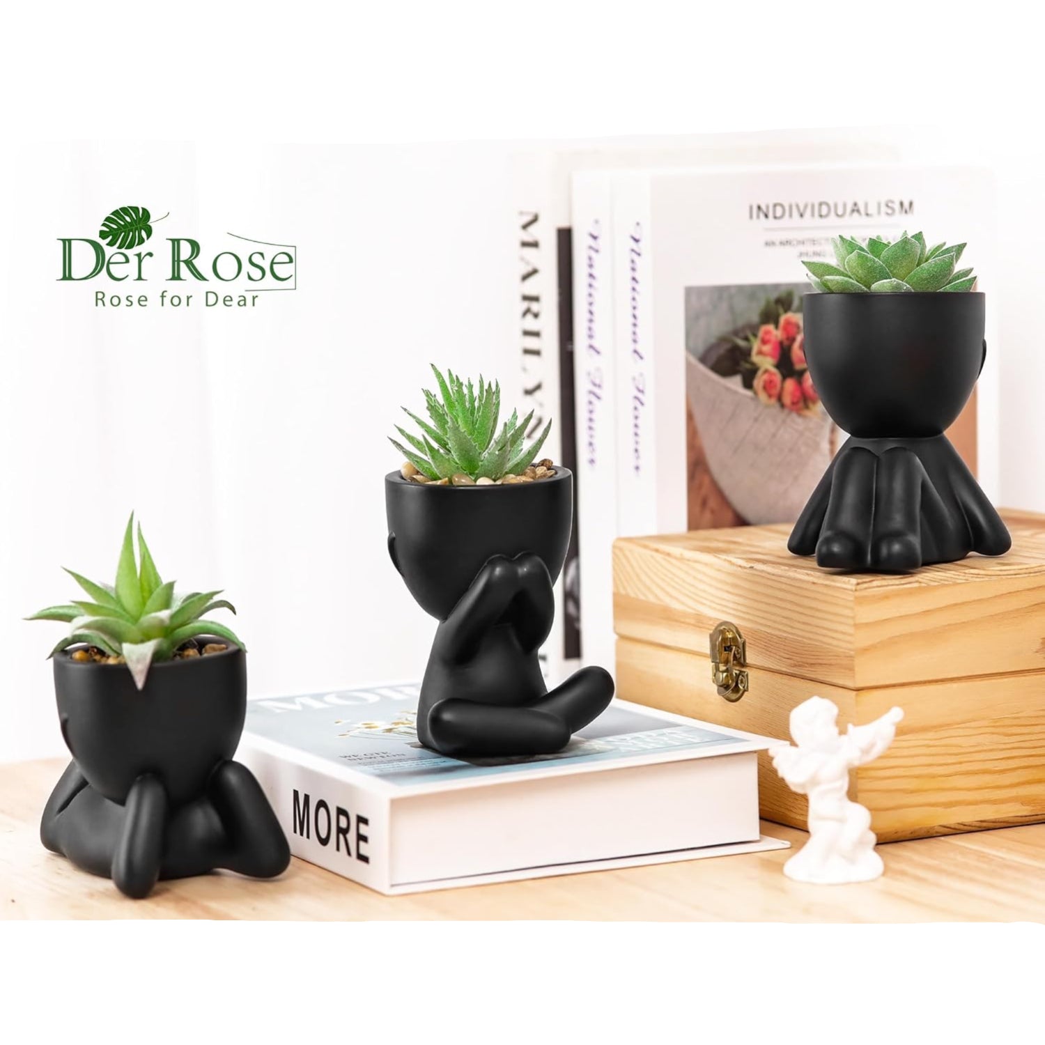 Der Rose 3-piece set of artificial succulent plants for black bathroom or bedroom decor, showcasing realistic-looking faux succulents.