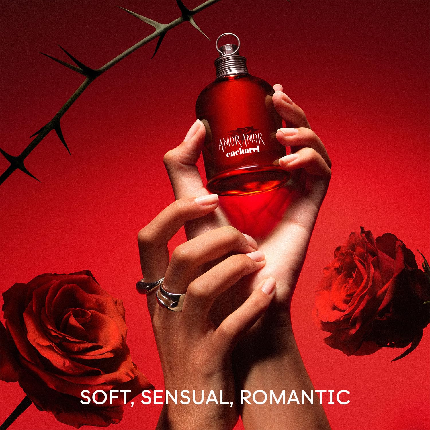 Elefair Cacharel Amor Amor Eau de Toilette for Women, fruity perfume with vanilla notes, in a sleek bottle with floral accents.