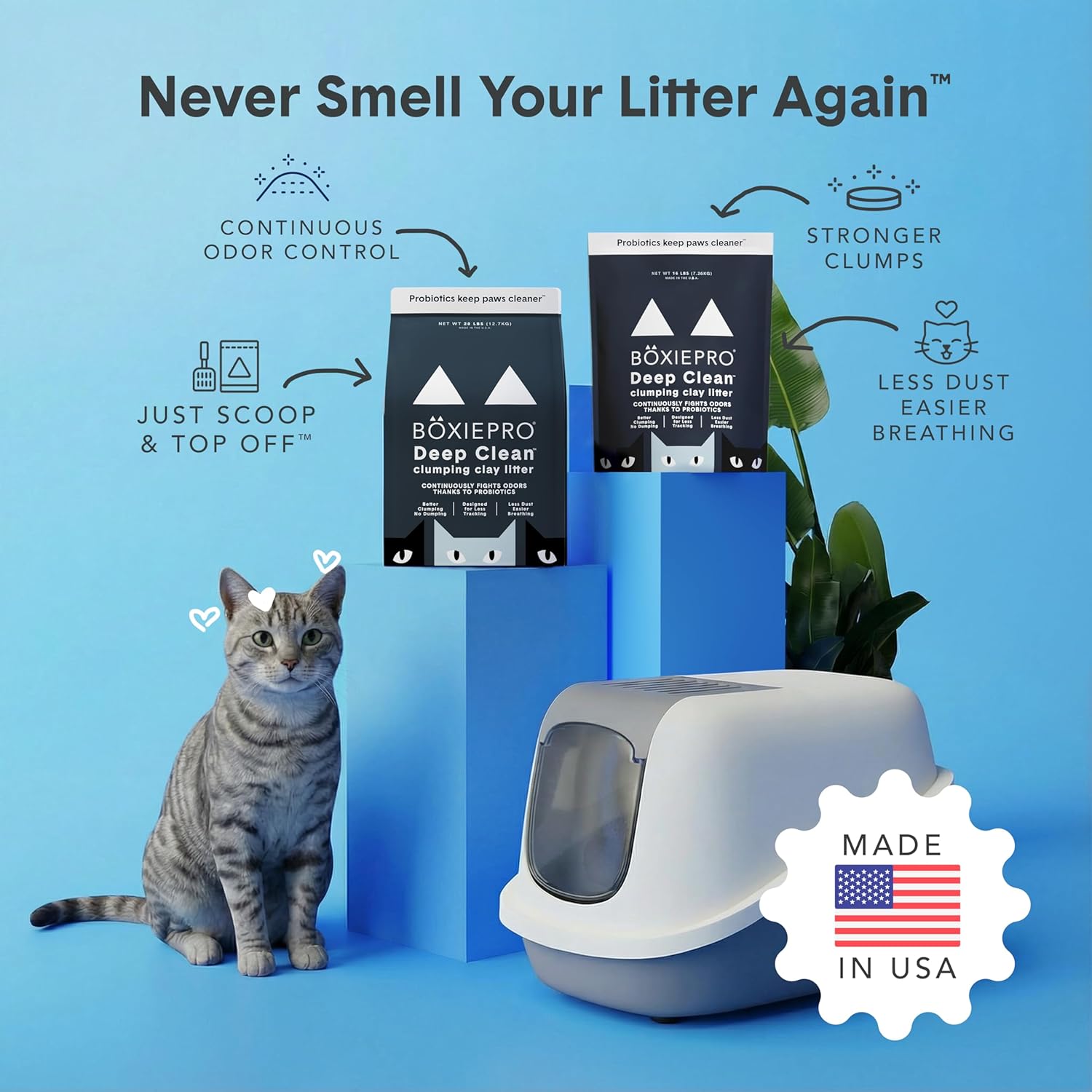 BoxiePro probiotic cat litter in a 16 lb bag with clumping clay, odor control, dust-free, fragrance-free, and no fillers.