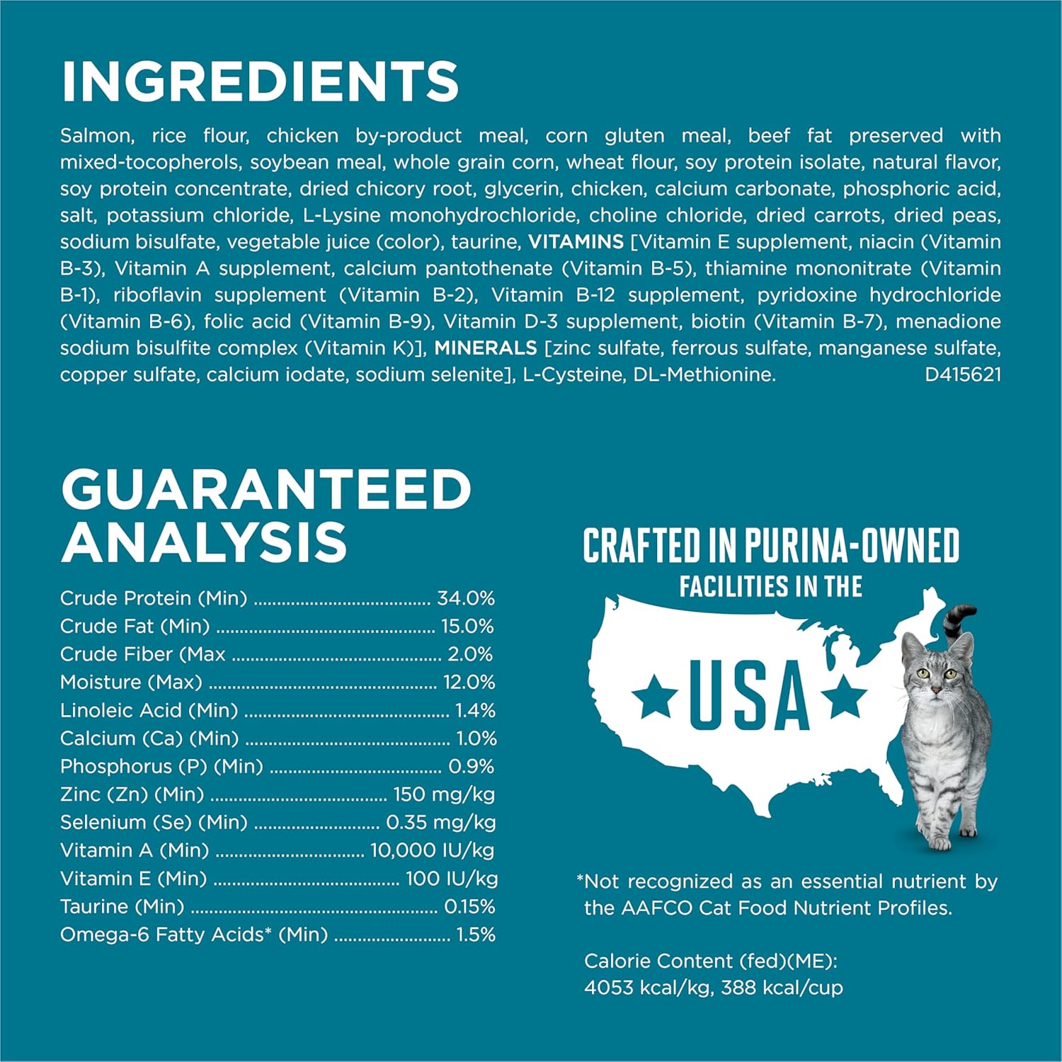 Purina ONE Natural Dry Cat Food Tender Selects Blend with Real Salmon 7 lb bag showing the cat food bag and salmon ingredients.