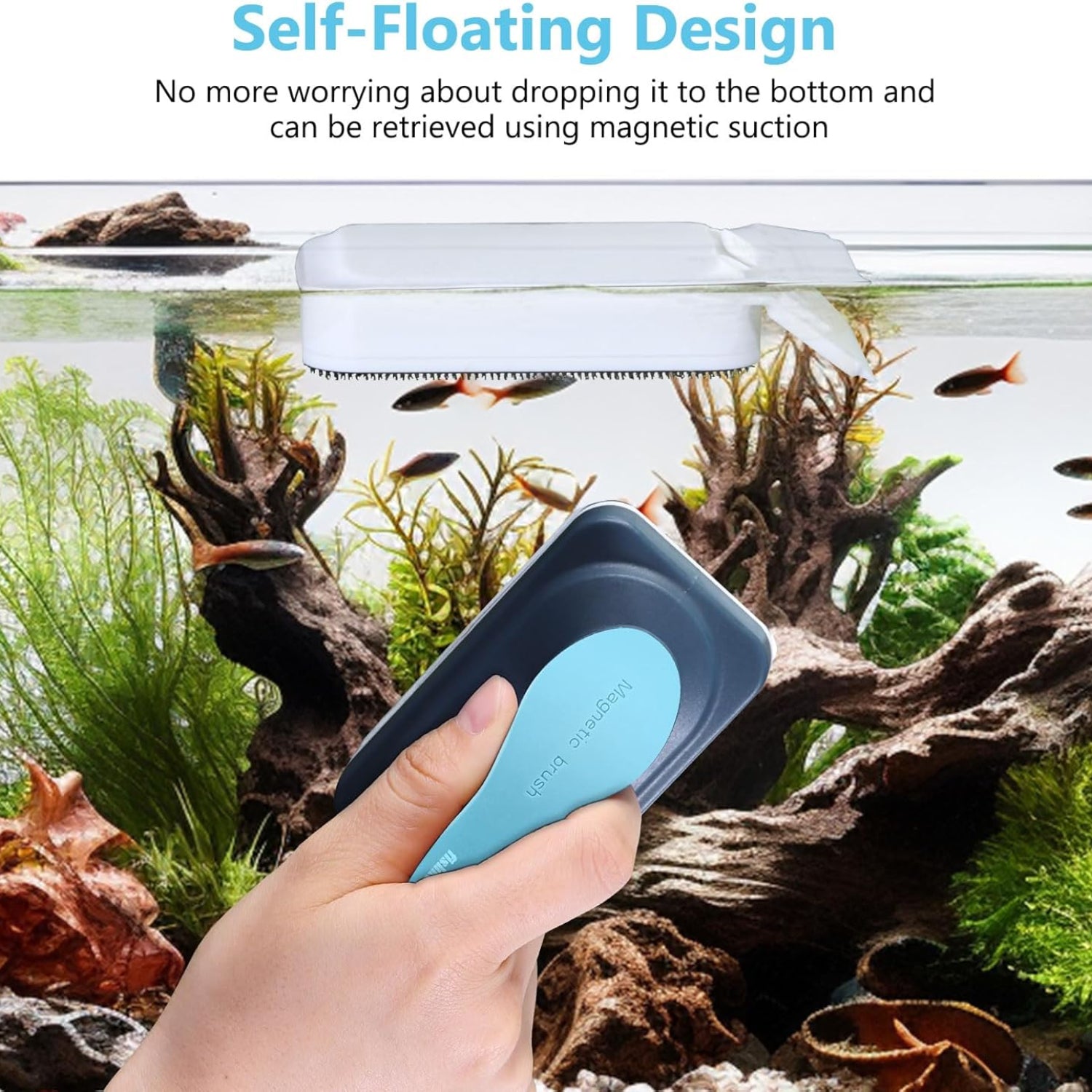 Fishkeeper Aquarium Magnetic Glass Cleaner with algae removal for fish tanks, showing dual-sided magnetic cleaning tool on glass tank.