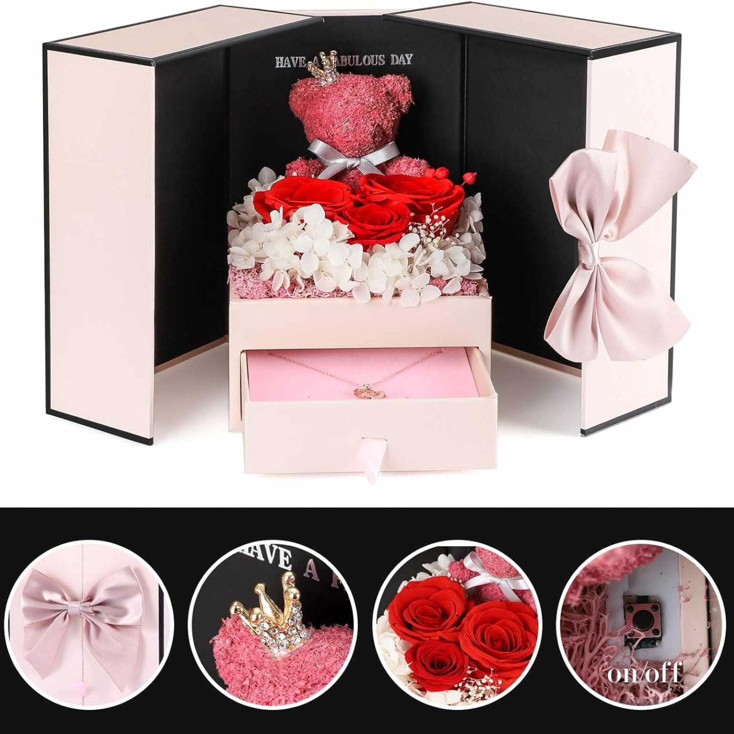 ADDWel Preserved Real Rose with I Love You Necklace in 100 Languages, Eternal Red Rose