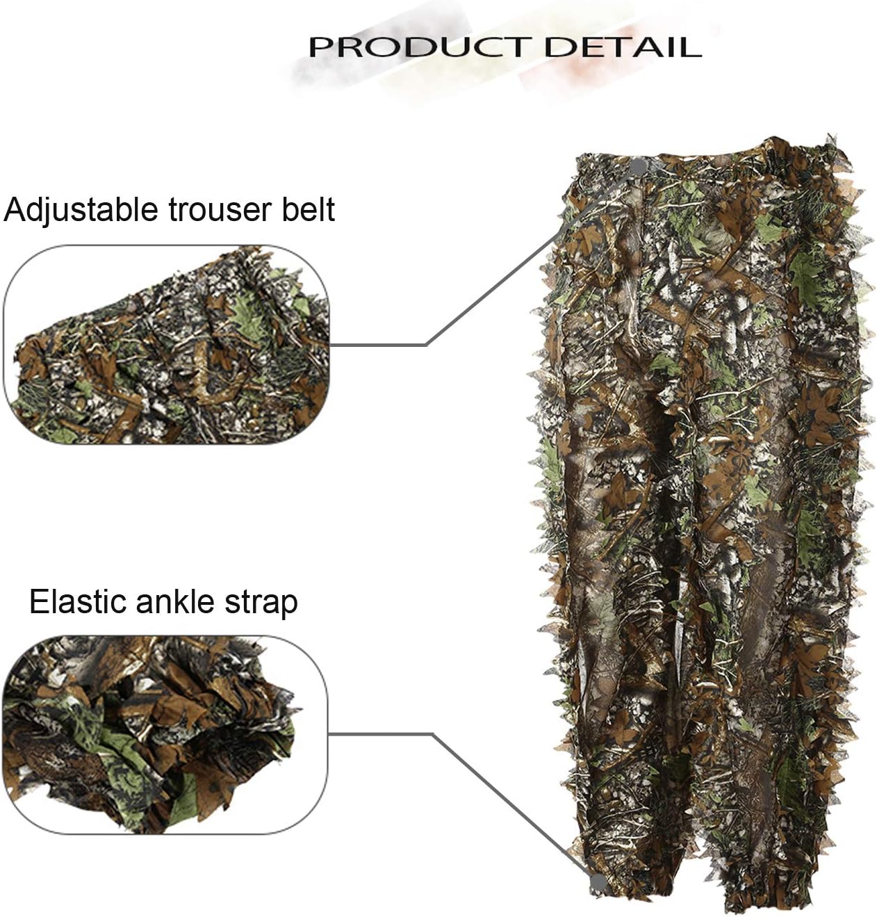 EAmber ghillie suit with leafy green camouflage, 3D leaf pattern for hunting and outdoor concealment, forest camouflage pants