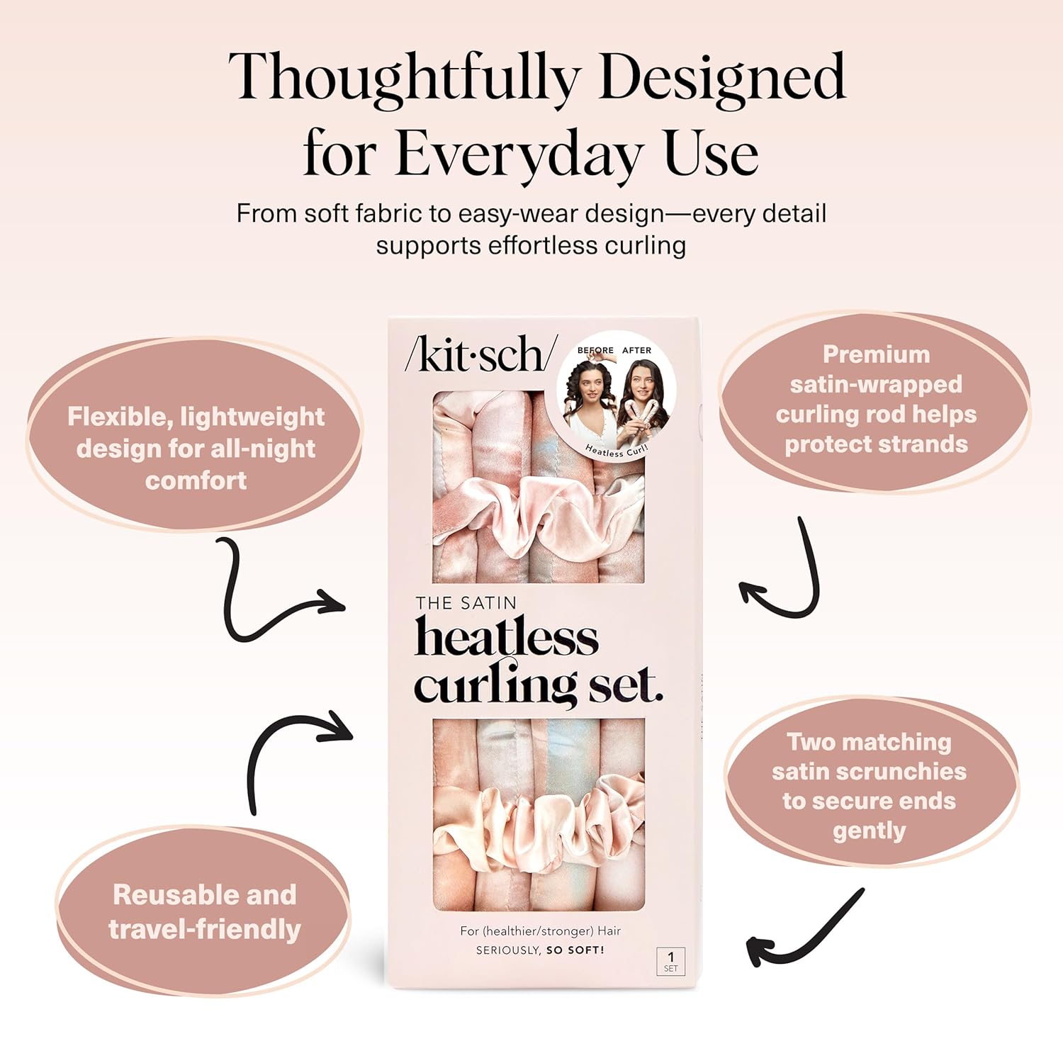 Kitsch satin heatless curlers set with a 34-inch hair curler for overnight curling, shown in a close-up view of the satin curlers.