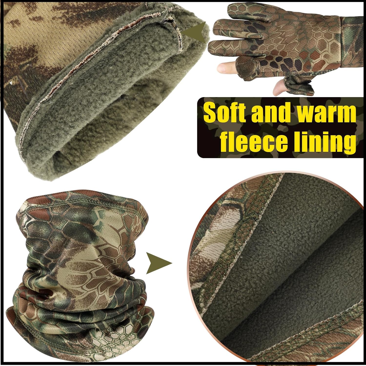Janmercy 3-piece camo hunting gloves, beanie, and neck gaiter set for men and women, featuring camouflage patterns and warm, comfortable fabric.