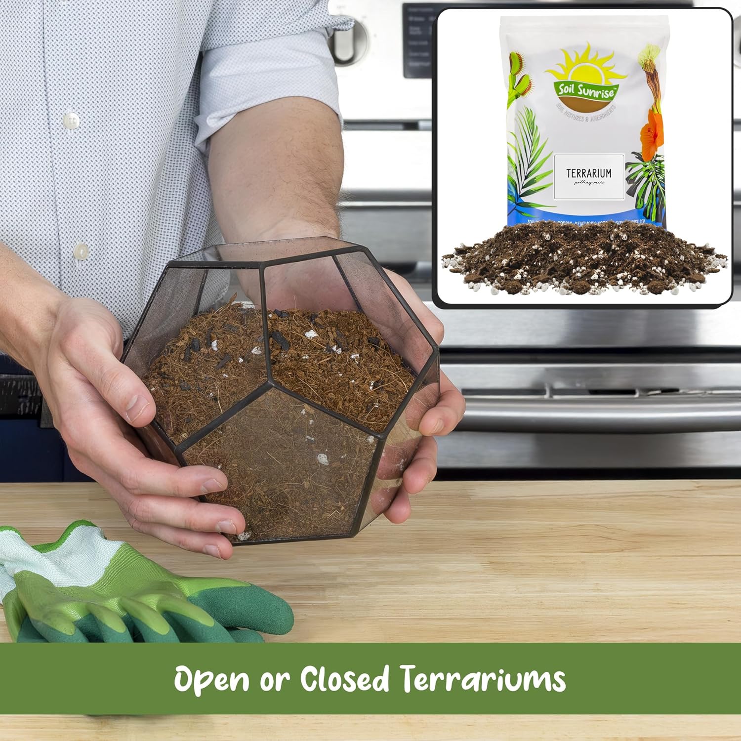Soil Sunrise terrarium potting soil mix in a 4-quart bag with blended filtering material, ready for planting and terrarium setups.
