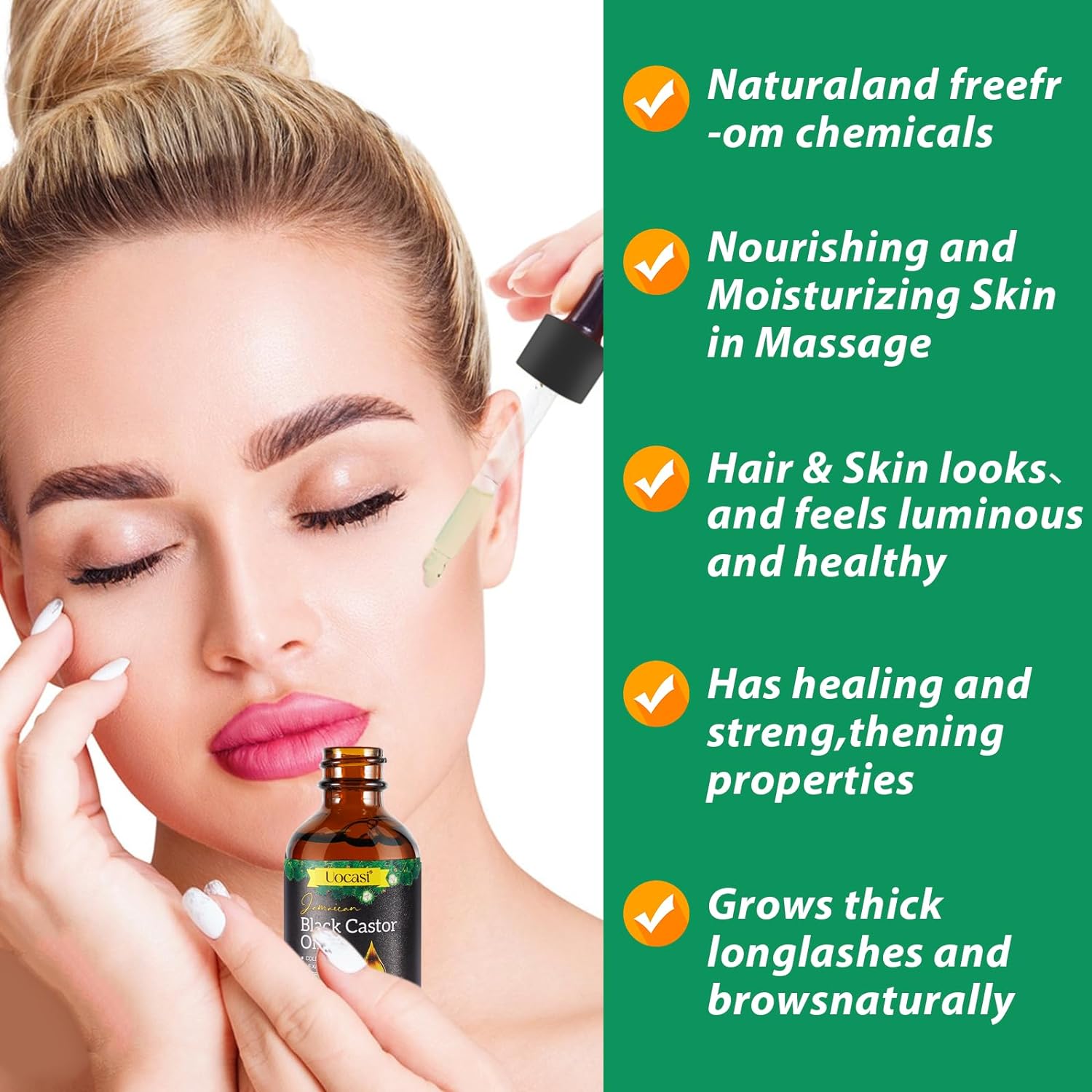 Uocasi Jamaican Black Castor Oil in a glass bottle, 100% pure, organic, cold-pressed, with a dark amber color and dropper cap.