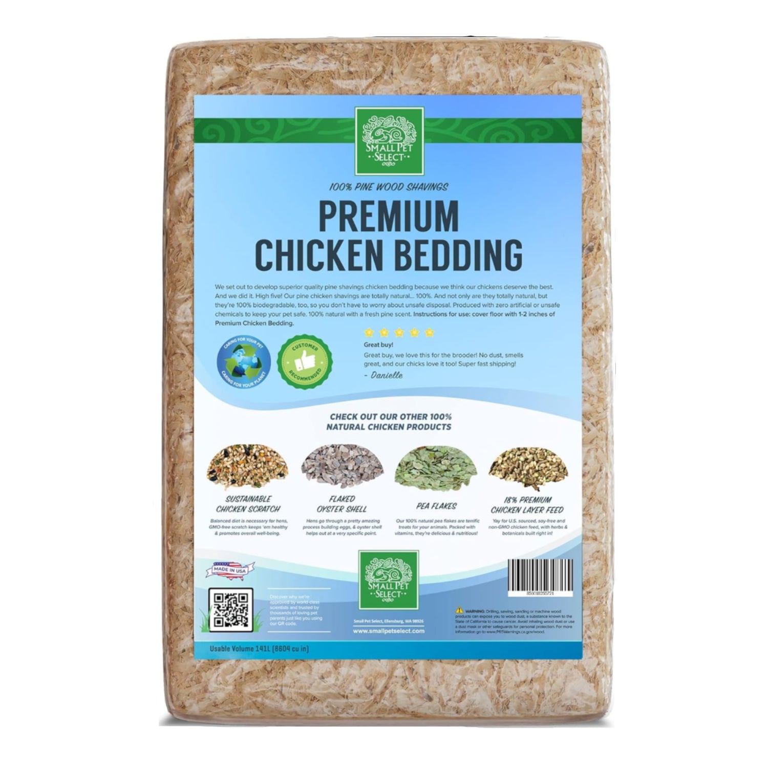 Small Pet Select pine shavings for chickens, showing soft wood bedding in a coop setting, ideal for chicken nesting and comfort.