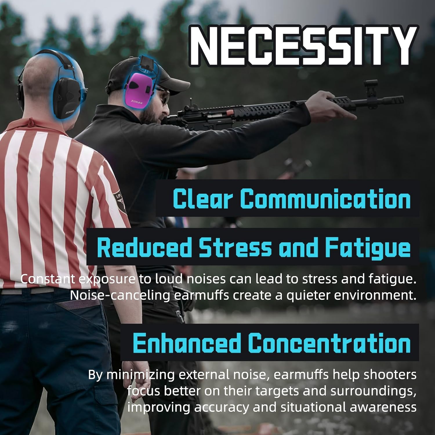 ZOHAN EM054 electronic ear protection for shooting range, showing black and orange hearing protectors with adjustable headband