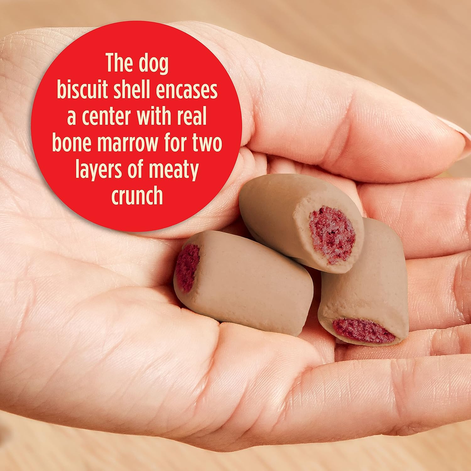 Milk-Bone MaroSnacks bacon flavor small dog treats with bone marrow in a 40-ounce package, shown in the image.
