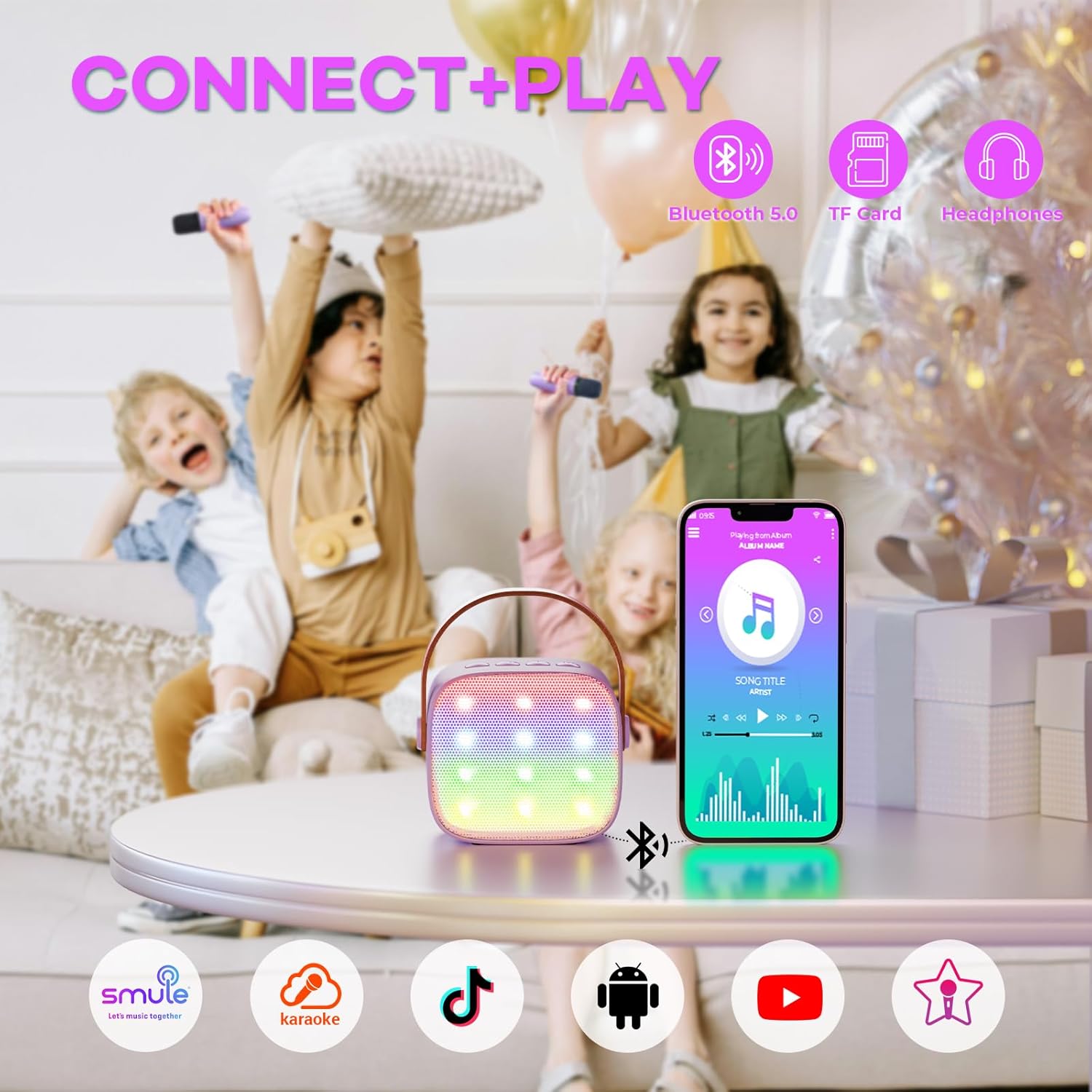 Karaoke Machine for Kids, Portable Mini Speaker with 2 Wireless Microphones