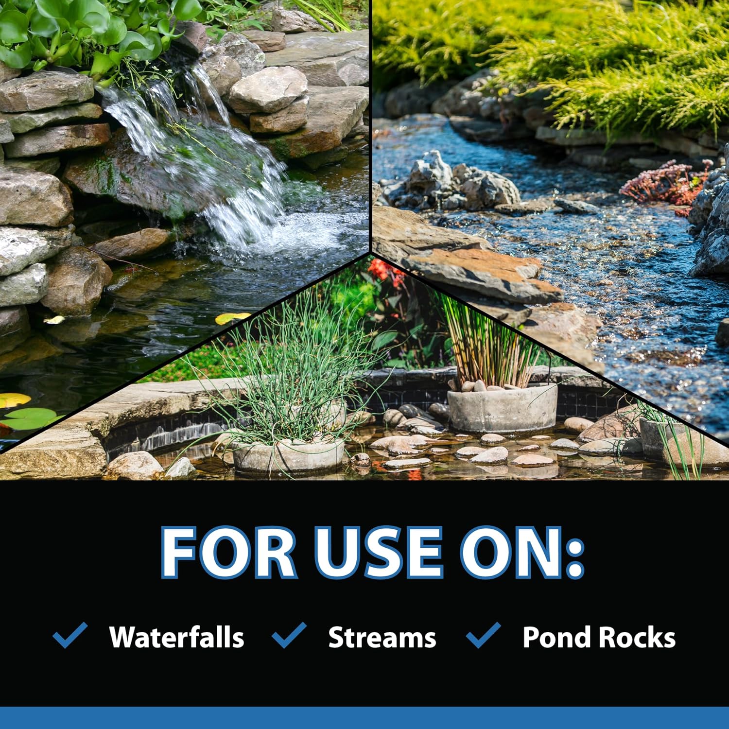 CrystalClear AlgaeOff pond and water garden scum cleaner for waterfalls, visible in the image as a clear container with cleaning solution