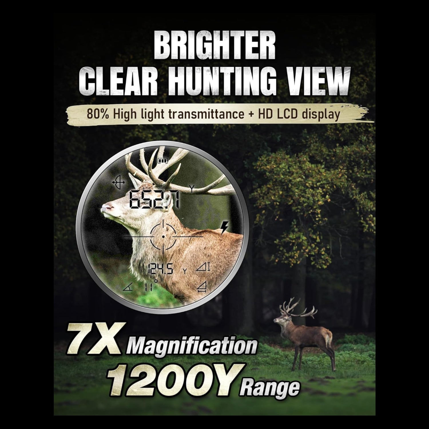 TAKENJOY Hunting Rangefinder with 1200-yard laser distance measurement, 7X magnification, waterproof design, shown in hand.