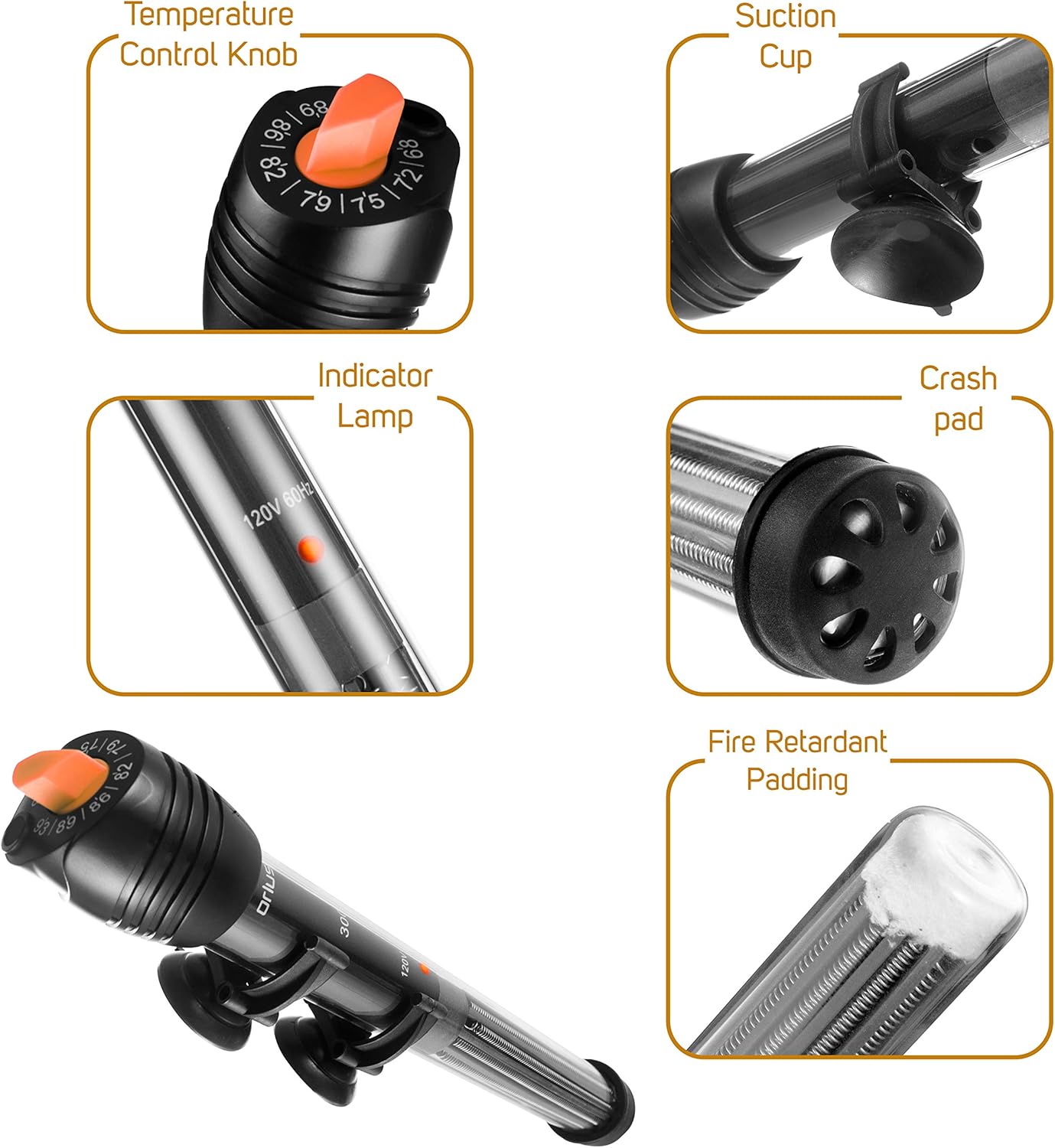 Orlushy 100W submersible aquarium heater with adjustable thermostat, designed for maintaining water temperature for fish tanks.
