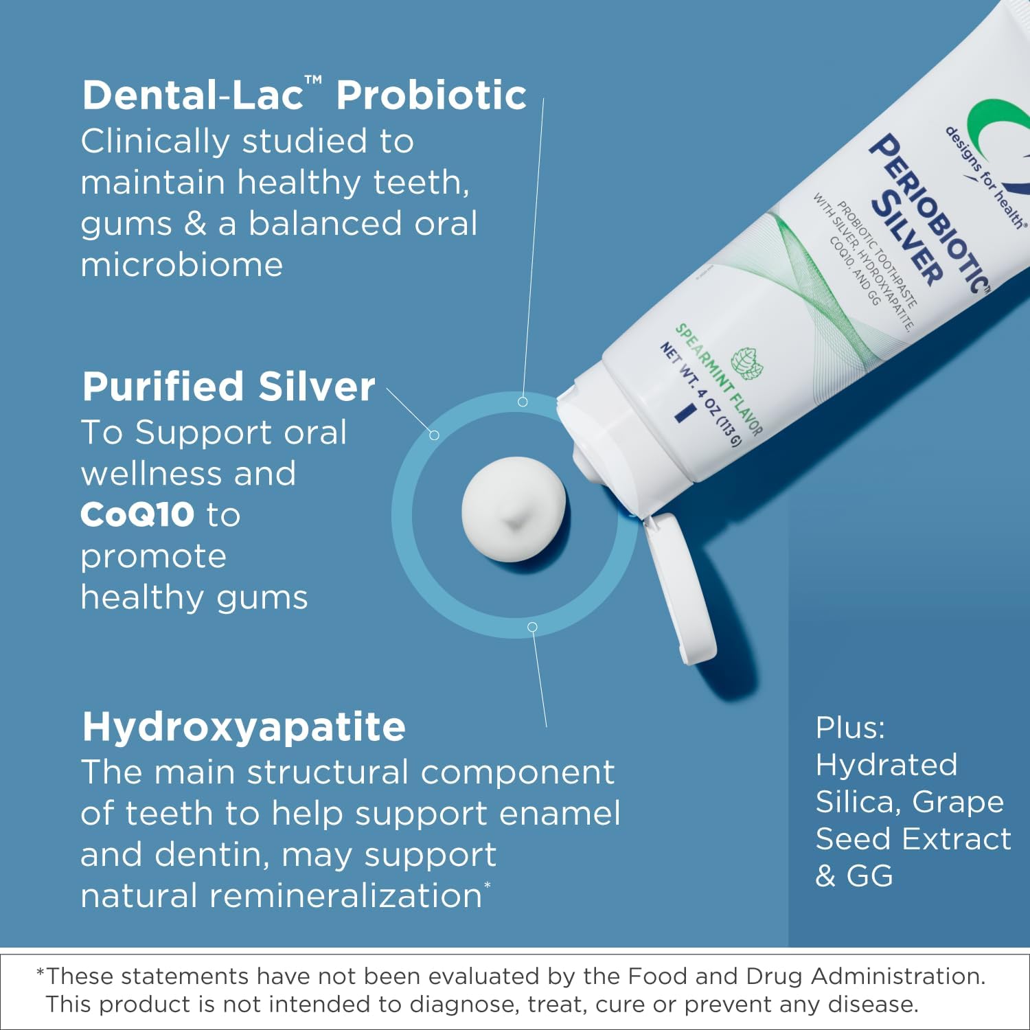 Designs for Health PerioBiotic Silver Hydroxyapatite fluoride-free toothpaste tube with natural white and silver packaging.