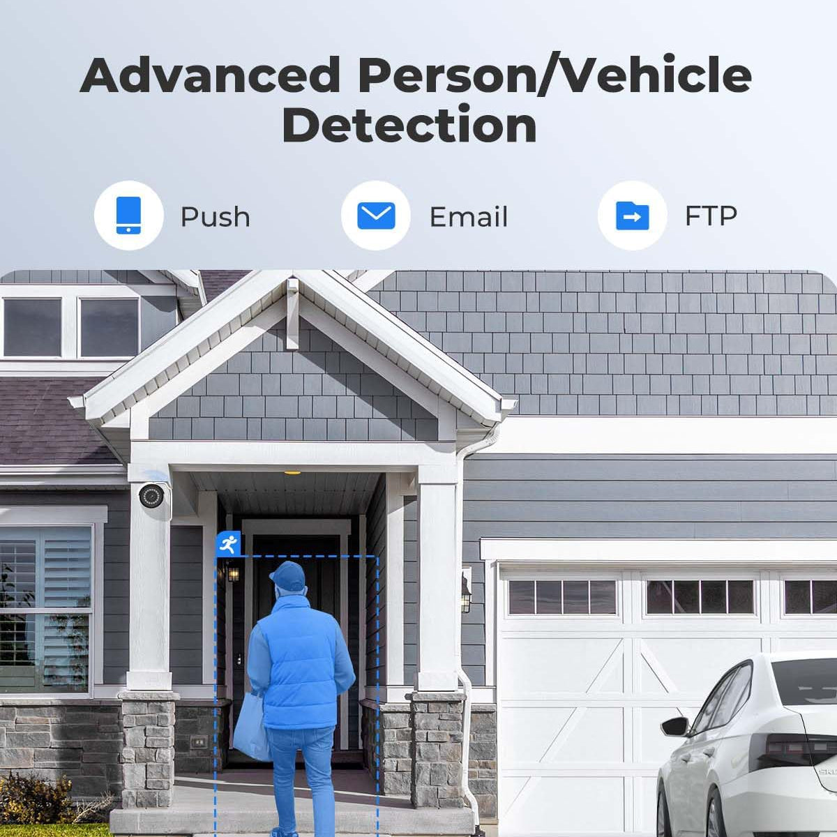 REOLINK 5MP PoE security camera for outdoor and indoor surveillance, capturing clear images of a person in a home security setting.