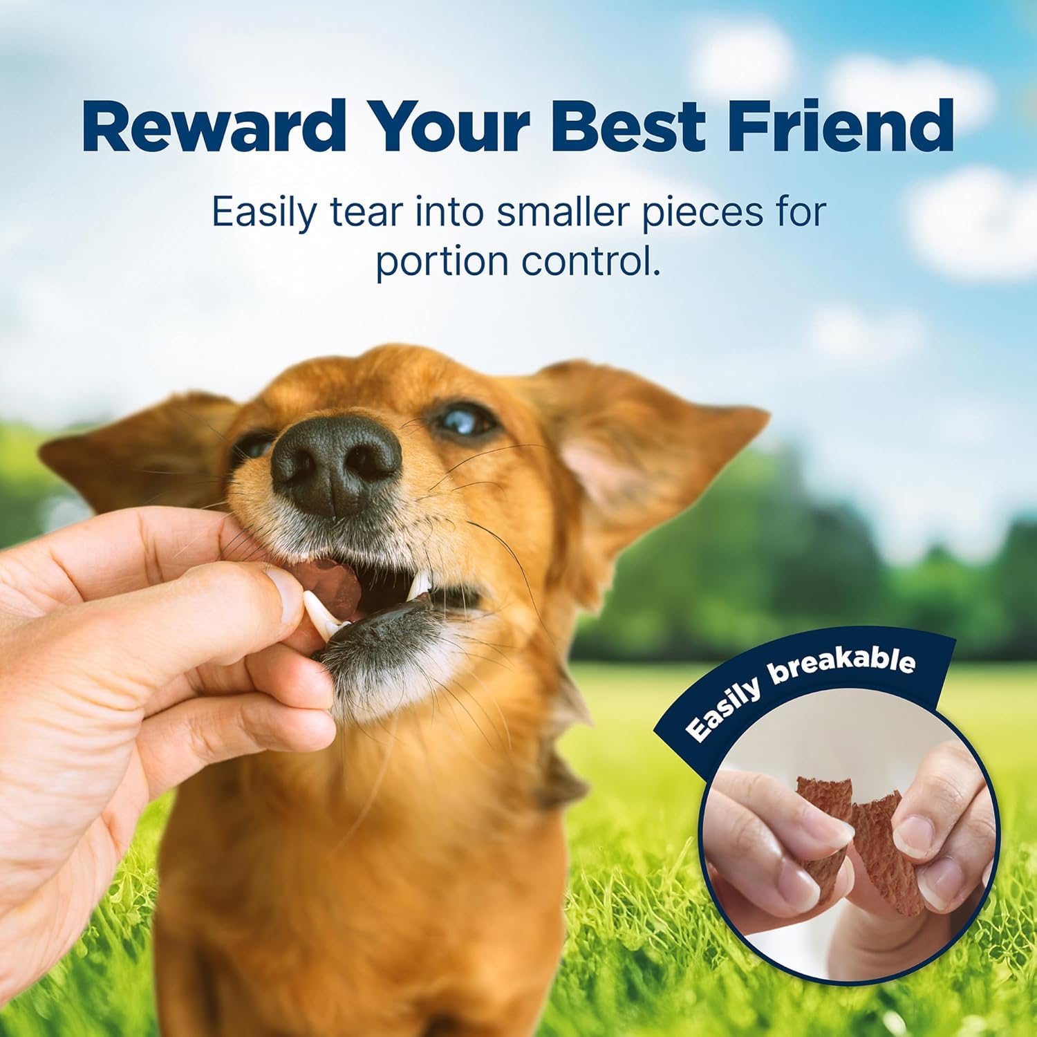 Blue Buffalo Nudges Jerky Cuts dog treats in natural, blue packaging, made in the USA, showcasing thin, tender beef jerky slices.