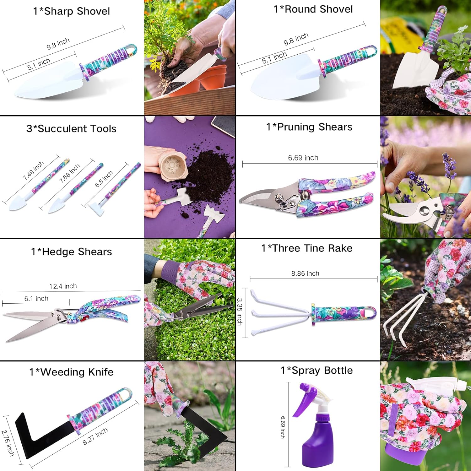JUMPHIGH 10-piece garden tools set with floral print and ergonomic handles, including trowel, pruners, and cultivator on a gardening table.